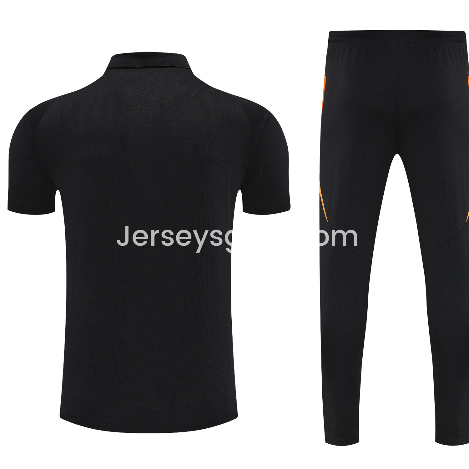 JerseysGala.com | Real Madrid 25-26 POLO Short-Sleeve Training Set - Black Top and Pants with Yellow Stripes -Customize Name, Number and Patch | Worldwide Shipping
