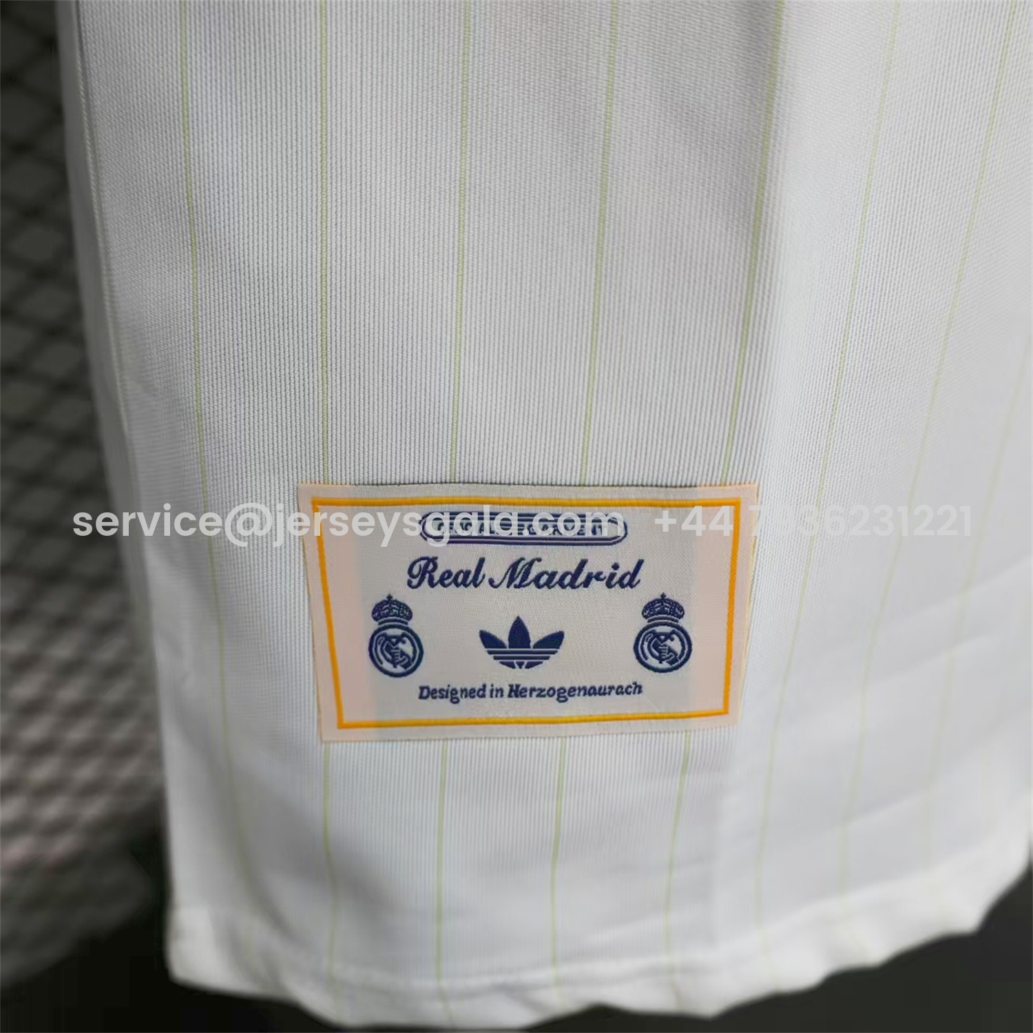 JerseysGala.com | Real Madrid 25-26 Trefoil Blue Lines White Travel Jersey - Player Version -Customize Name, Number and Patch | Worldwide Shipping