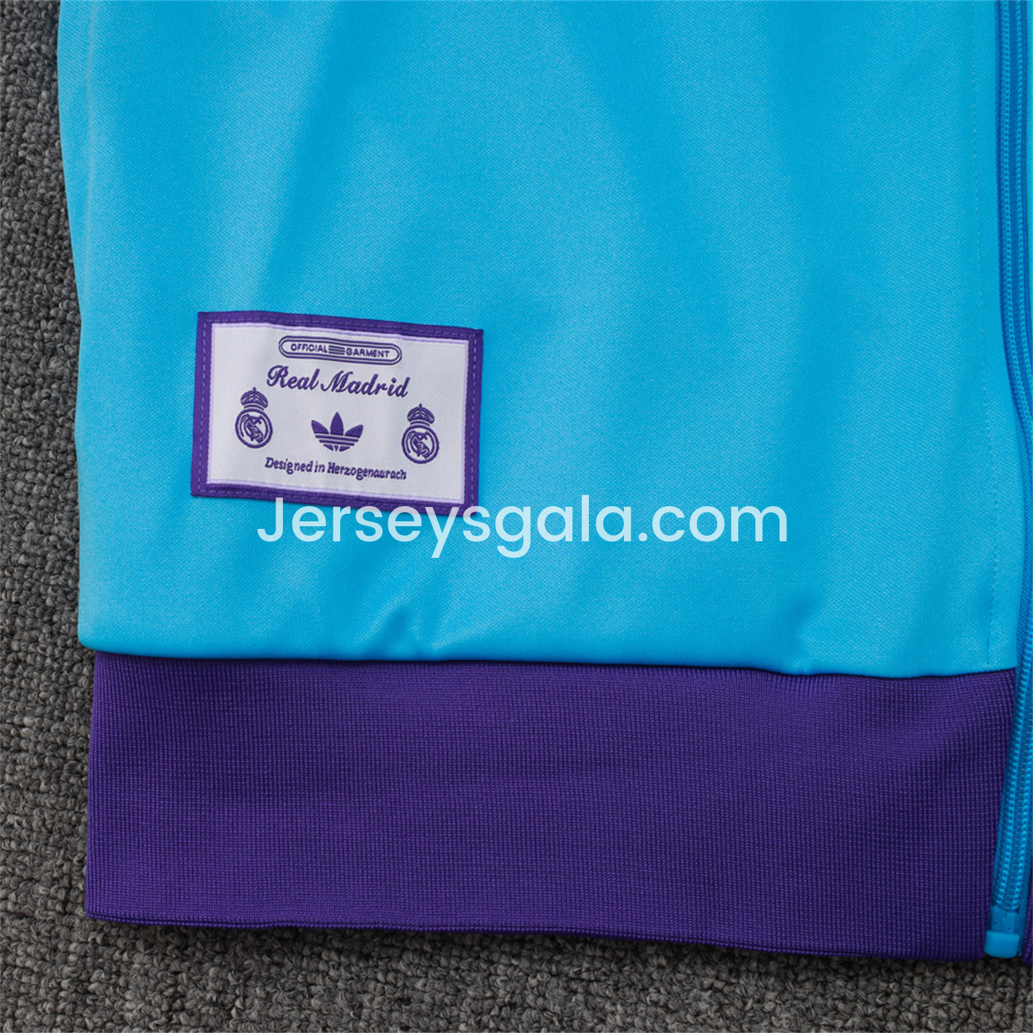 JerseysGala.com | Real Madrid 25-26 Throwback Trefoil Jacket Training Tracksuit - Blue Jackets & Purple Pants -Customize Name, Number and Patch | Worldwide Shipping