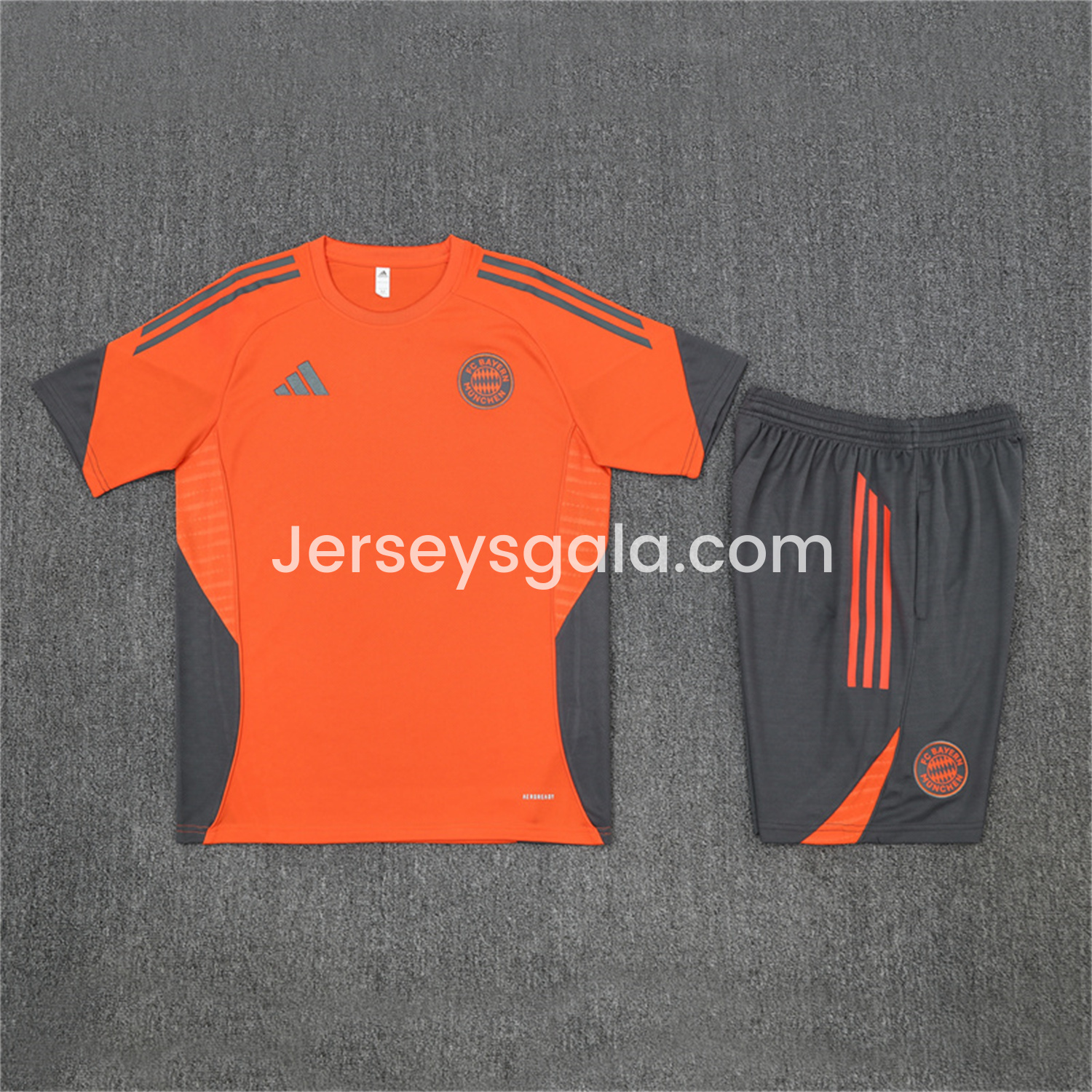 JerseysGala.com | Bayern Munich 25-26 Short-Sleeve Training Set - Orange Top & Gray shorts -Customize Name, Number and Patch | Worldwide Shipping