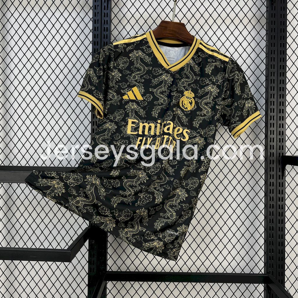 JerseysGala.com | Real Madrid 25-26 Golden Chinese Dragon Pattern Black Jersey - Fans Version -Customize Name, Number and Patch | Worldwide Shipping