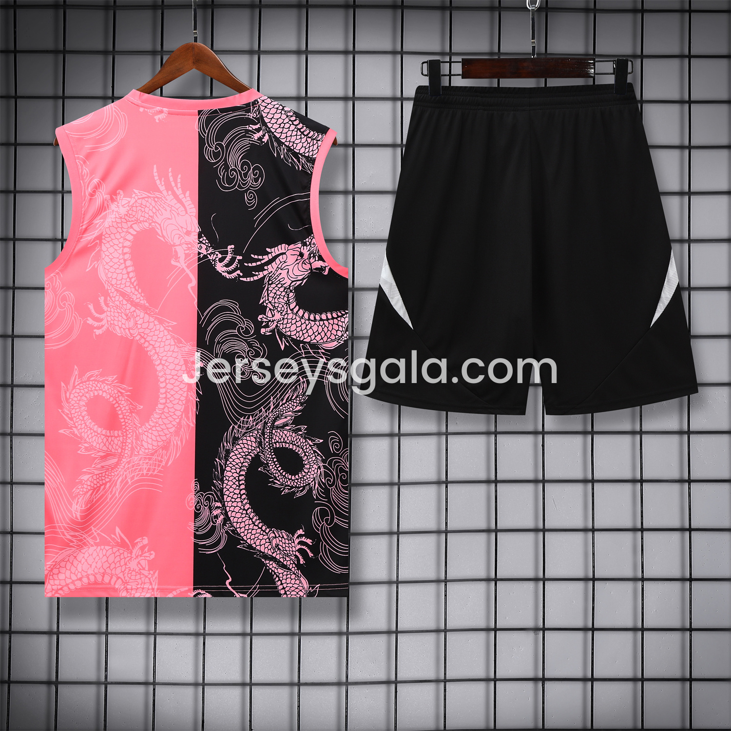 JerseysGala.com | Real Madrid 25-26 Vest Training Set - Pink-Black Dragon Vest & Black-White Shorts -Customize Name, Number and Patch | Worldwide Shipping