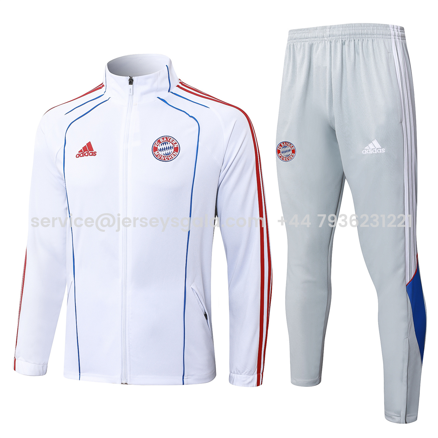JerseysGala.com | Bayern Munich 25-26 Jacket Training Tracksuit - White Throwback Jackets & Grey Pants -Customize Name, Number and Patch | Worldwide Shipping