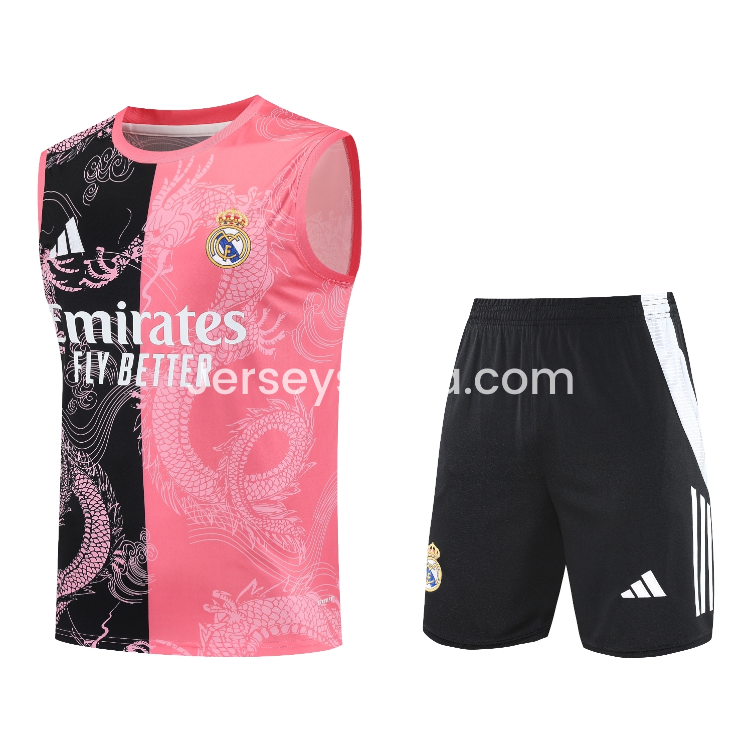 JerseysGala.com | Real Madrid 25-26 Vest Training Set - Pink-Black Dragon Vest & Black-White Shorts -Customize Name, Number and Patch | Worldwide Shipping