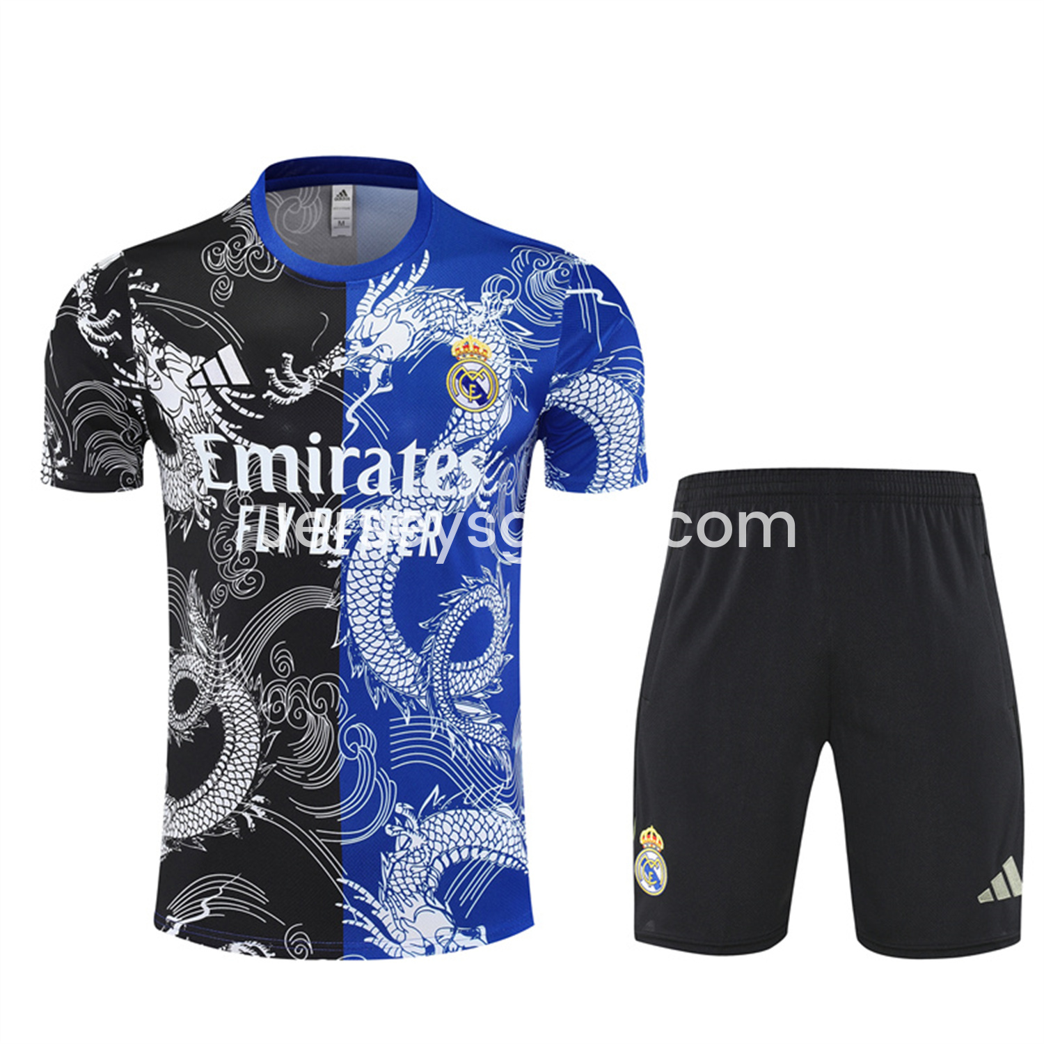 JerseysGala.com | Real Madrid 25-26 Short-Sleeve Training Set - Blue Black Dragon Top & Black Shorts -Customize Name, Number and Patch | Worldwide Shipping