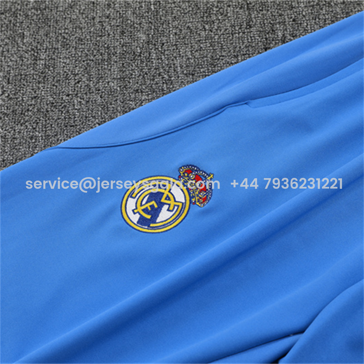 JerseysGala.com | Real Madrid 25-26 Long Sleeve Training Set - White Top & Blue Pants -Customize Name, Number and Patch | Worldwide Shipping