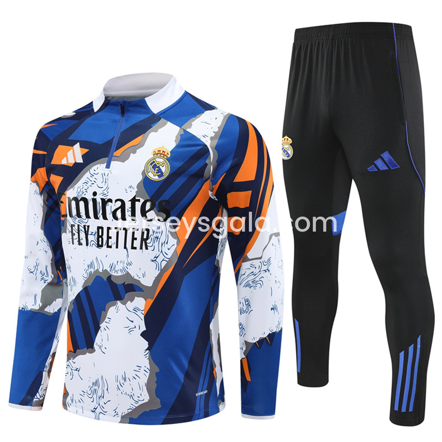 JerseysGala.com | Real Madrid 25-26 Long Sleeve Training Set - Yellow, White and Blue Camouflage Top and Black Pants -Customize Name, Number and Patch | Worldwide Shipping