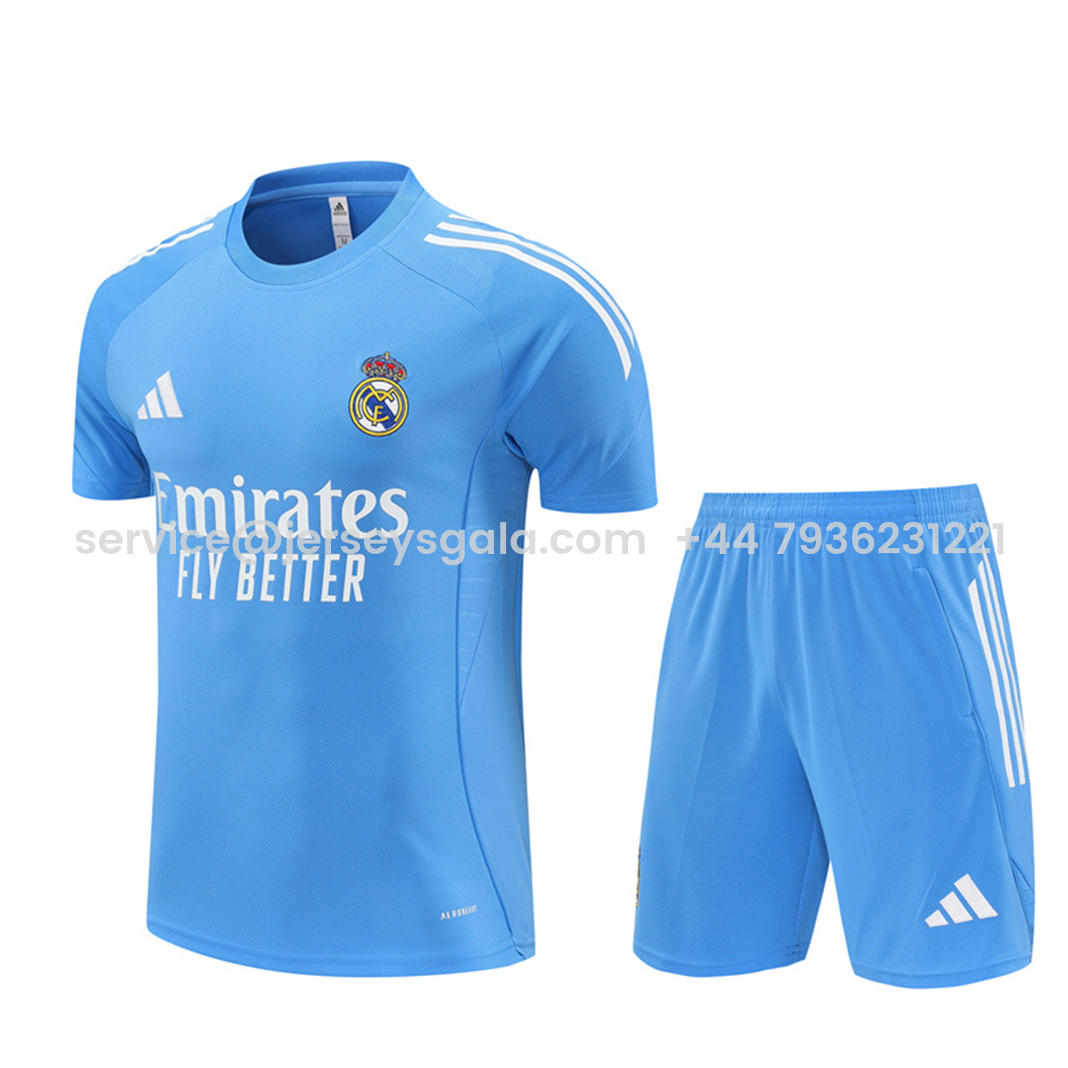 JerseysGala.com | Real Madrid 25-26 Short-Sleeve Training Set - Sky Blue Top and Sky Blue Shorts -Customize Name, Number and Patch | Worldwide Shipping