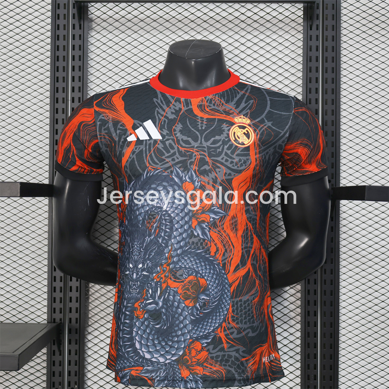 JerseysGala.com | Real Madrid 25-26 Grey Chinese Loong and Red Fire Black Jersey - Player Version -Customize Name, Number and Patch | Worldwide Shipping