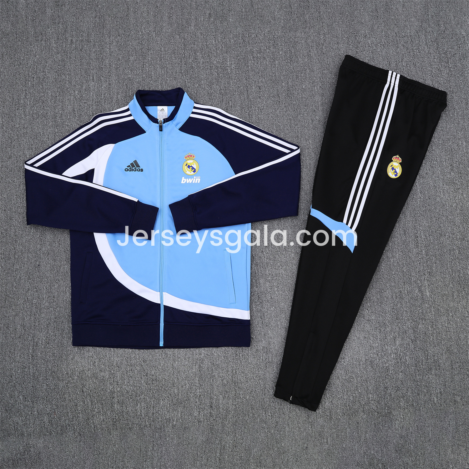 JerseysGala.com | Real Madrid 25-26 Throwback Jacket Training Tracksuit - Blue Jackets & Black Pants -Customize Name, Number and Patch | Worldwide Shipping