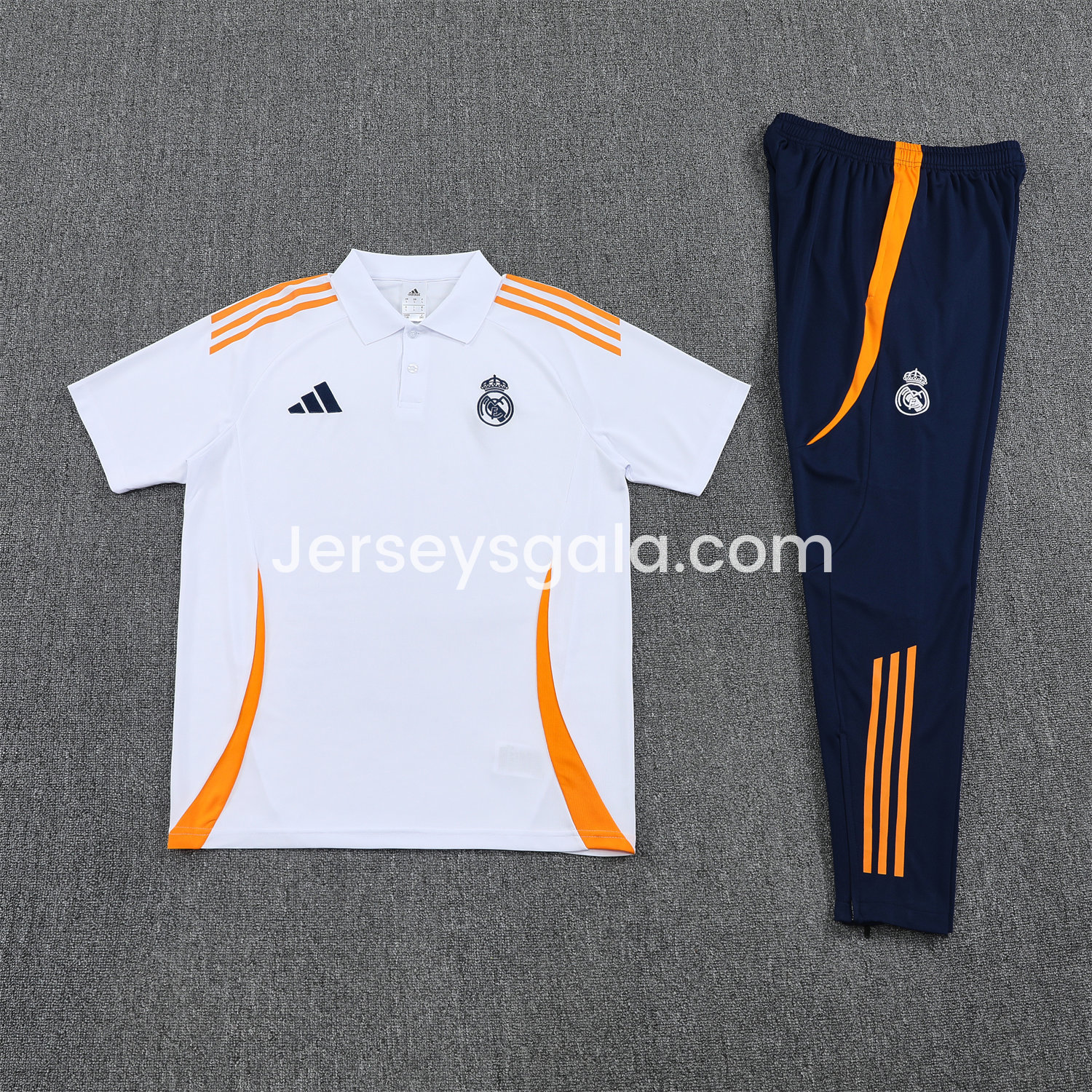 JerseysGala.com | Real Madrid 25-26 POLO Short-Sleeve Training Set - White Top and Deep Blue Pants -Customize Name, Number and Patch | Worldwide Shipping