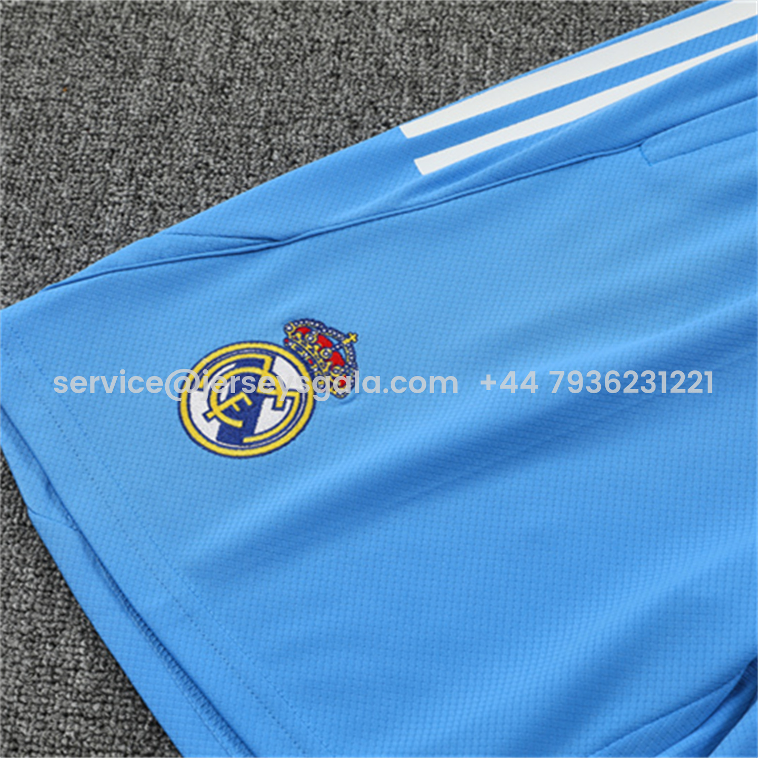 JerseysGala.com | Real Madrid 25-26 Kids Short-Sleeve Training Set - White Top and Sky Blue Shorts -Customize Name, Number and Patch | Worldwide Shipping