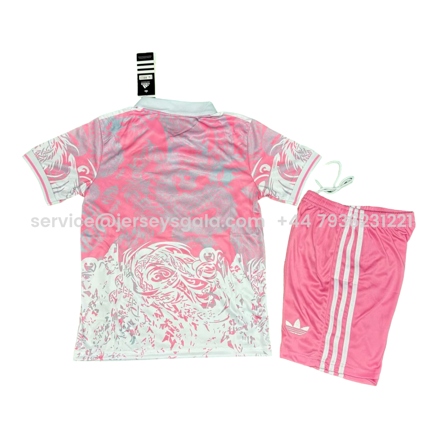 JerseysGala.com | Real Madrid 25-26 White Fire Dragon Pink Special Polo Kids Kit -Customize Name, Number and Patch | Worldwide Shipping