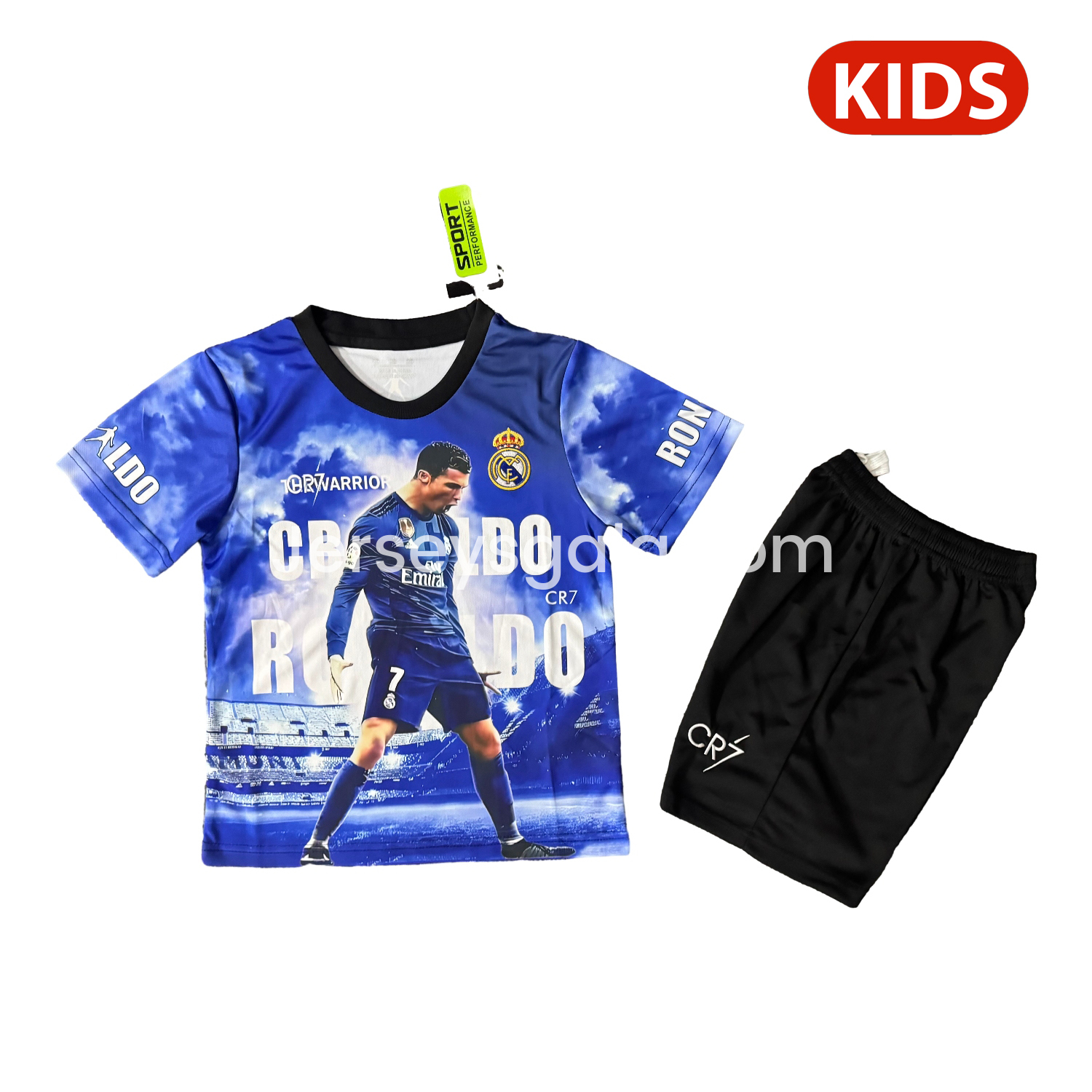 JerseysGala.com | Cristiano Ronaldo Real Madrid 2017-18 Away Career Commemorative Kids Kit -Customize Name, Number and Patch | Worldwide Shipping