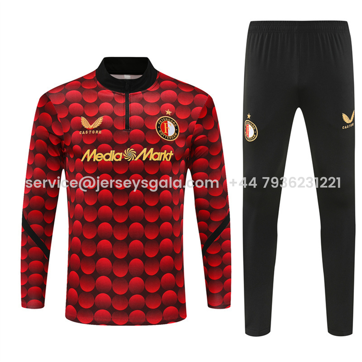JerseysGala.com | Feyenoord 25-26 Kids Long Sleeve Training Set - Red Top & Black Pants -Customize Name, Number and Patch | Worldwide Shipping
