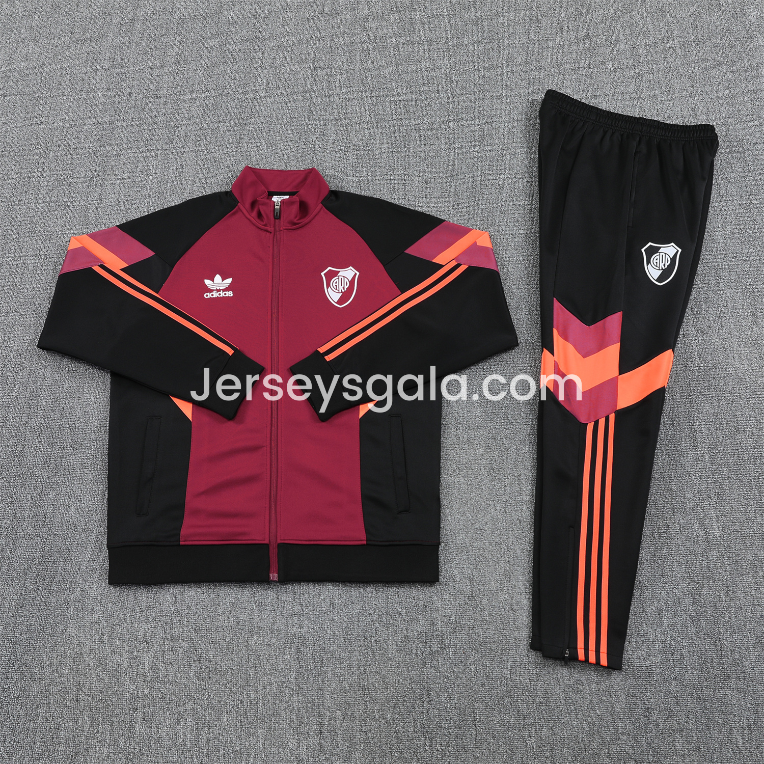JerseysGala.com | River Plate 25-26 Terrace Jacket Training Tracksuit - Deep Red Jackets & Black Pants -Customize Name, Number and Patch | Worldwide Shipping