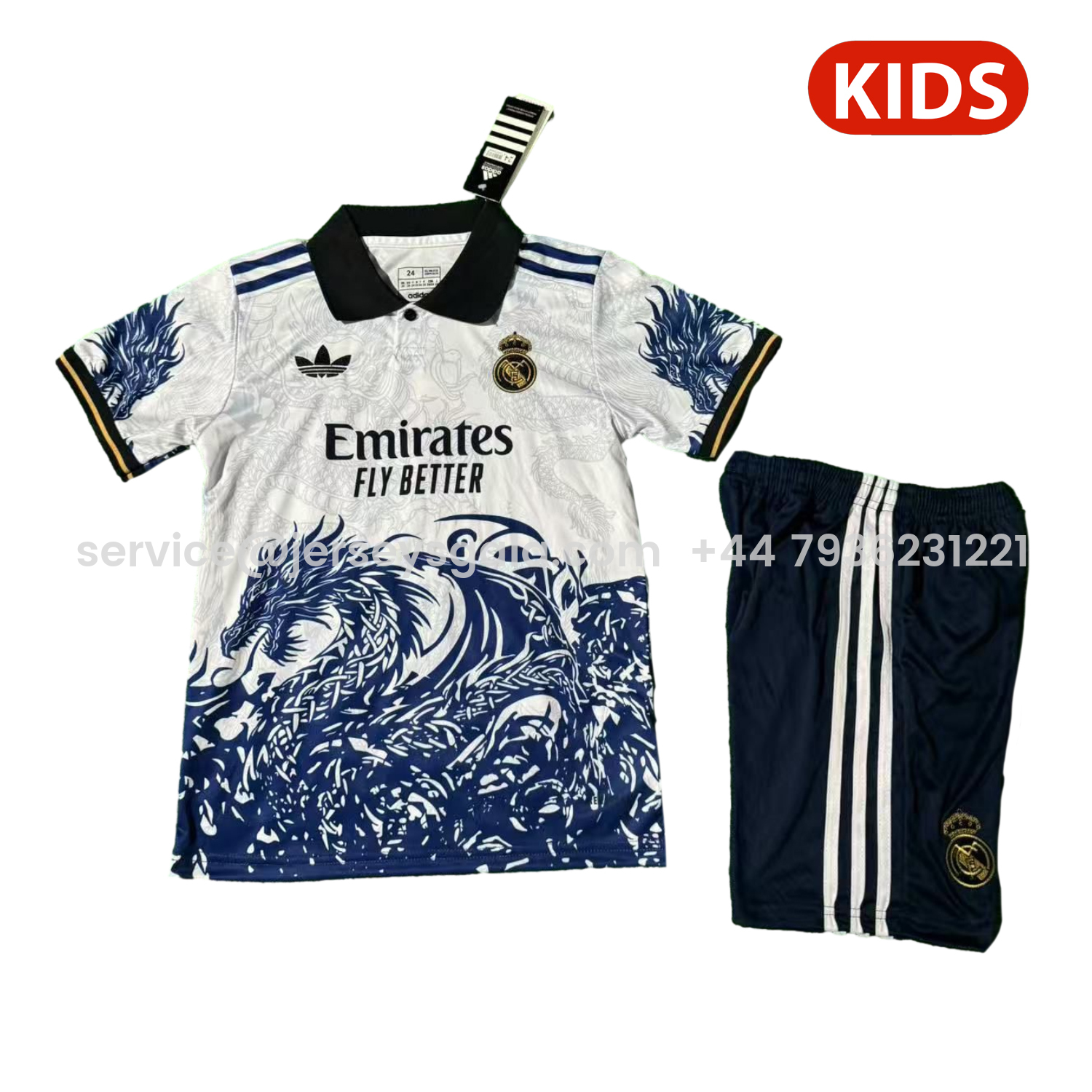 JerseysGala.com | Real Madrid 25-26 Blue Fire Dragon White Special Polo Kids Kit -Customize Name, Number and Patch | Worldwide Shipping