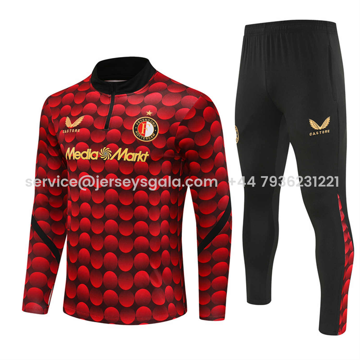 JerseysGala.com | Feyenoord 25-26 Long Sleeve Training Set - Red Top & Black Pants -Customize Name, Number and Patch | Worldwide Shipping
