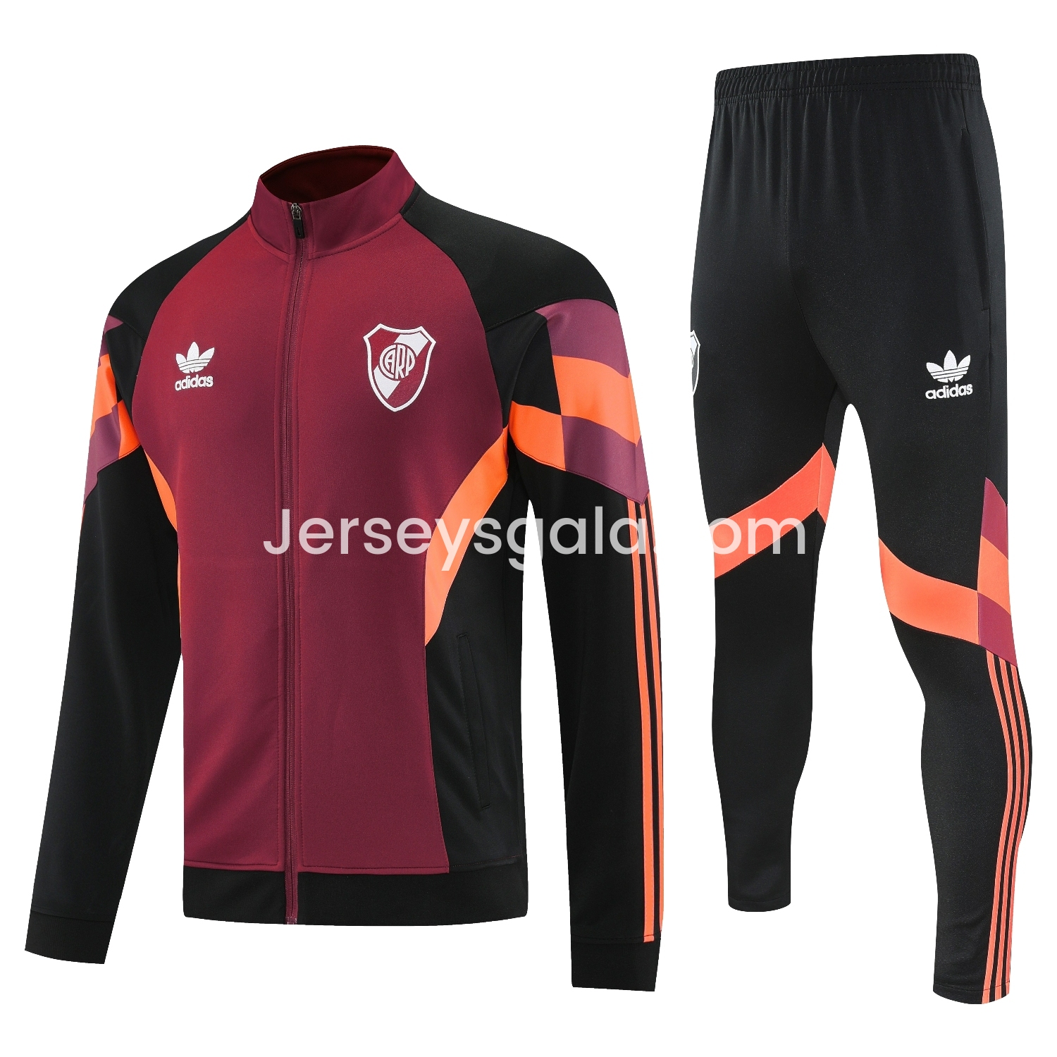JerseysGala.com | River Plate 25-26 Terrace Jacket Training Tracksuit - Deep Red Jackets & Black Pants -Customize Name, Number and Patch | Worldwide Shipping