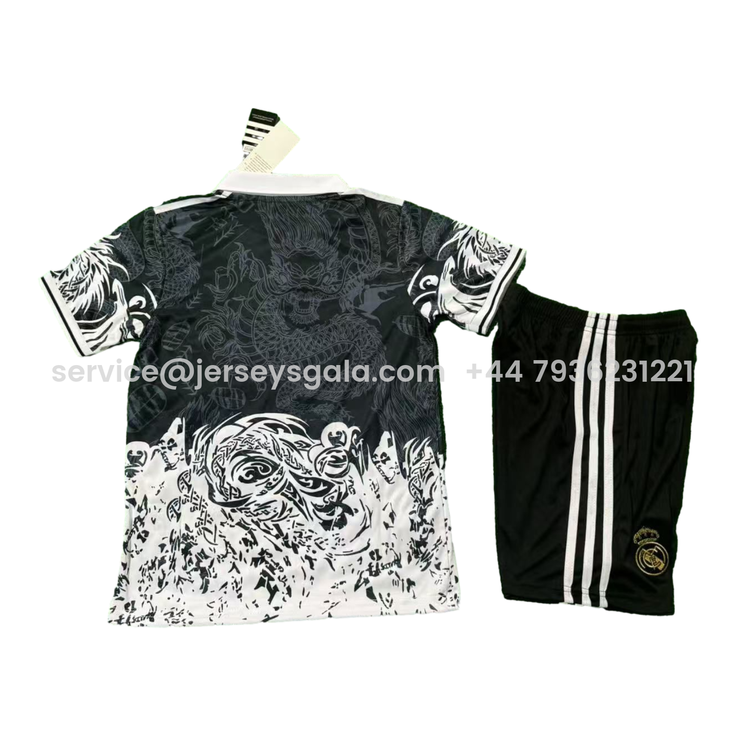 JerseysGala.com | Real Madrid 25-26 White Fire Dragon Black Special Polo Kids Kit -Customize Name, Number and Patch | Worldwide Shipping