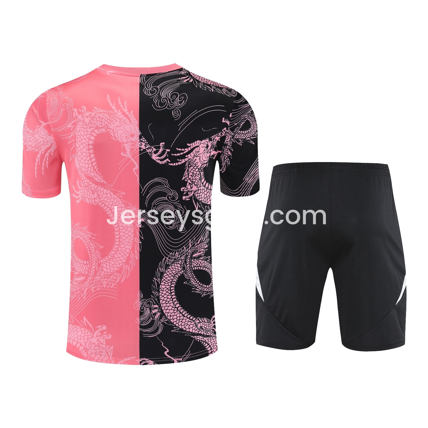 JerseysGala.com | Real Madrid 25-26 Short-Sleeve Training Set - Pink-Black Dragon Top & Black-White Shorts -Customize Name, Number and Patch | Worldwide Shipping