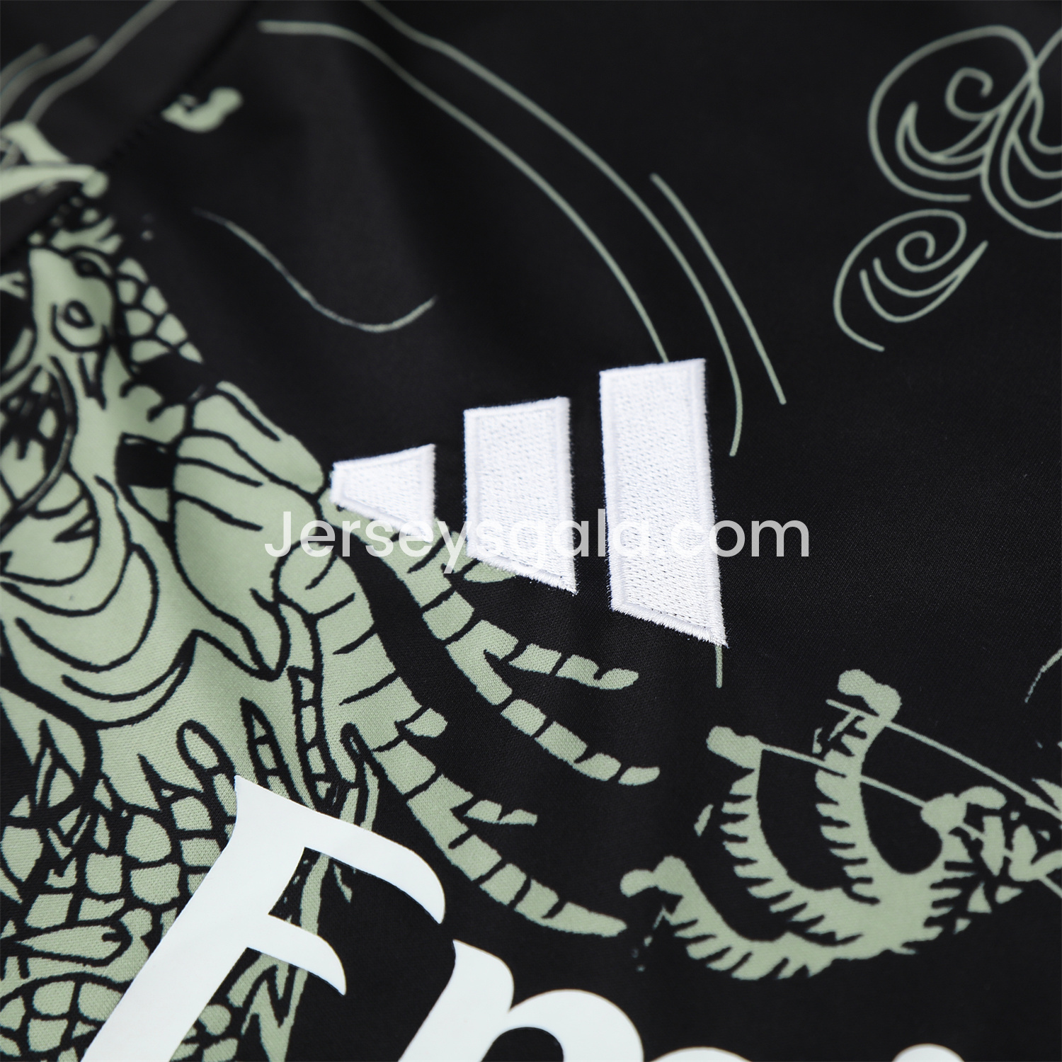 JerseysGala.com | Real Madrid 25-26 Short-Sleeve Training Set - Green-Black Dragon Top & Black-White Shorts -Customize Name, Number and Patch | Worldwide Shipping