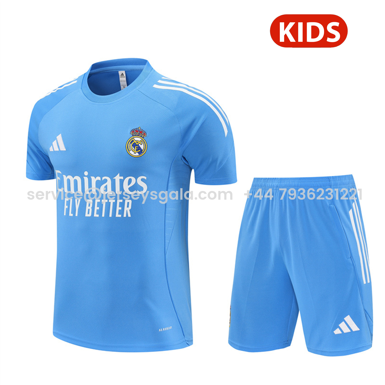 JerseysGala.com | Real Madrid 25-26 Kids Short-Sleeve Training Set - Sky Blue Top and Sky Blue Shorts -Customize Name, Number and Patch | Worldwide Shipping