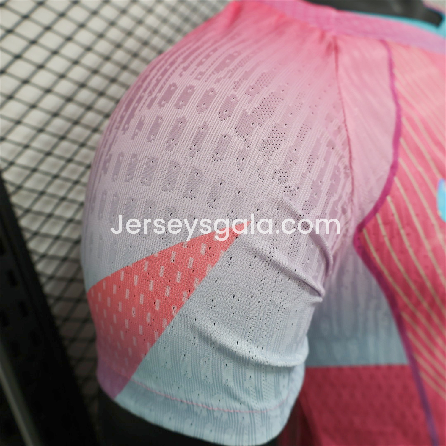 JerseysGala.com | Barcelona 25-26 Pink and Light Blue Stripes Jersey - Player Version -Customize Name, Number and Patch | Worldwide Shipping