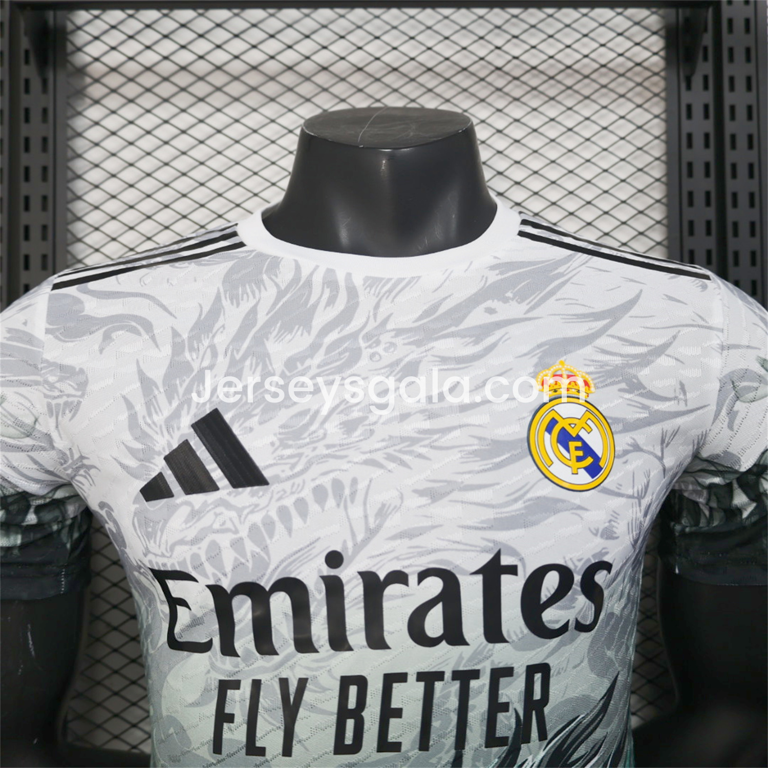 JerseysGala.com | Real Madrid 25-26 Black Green Dragon Soars White Jersey - Player Version -Customize Name, Number and Patch | Worldwide Shipping