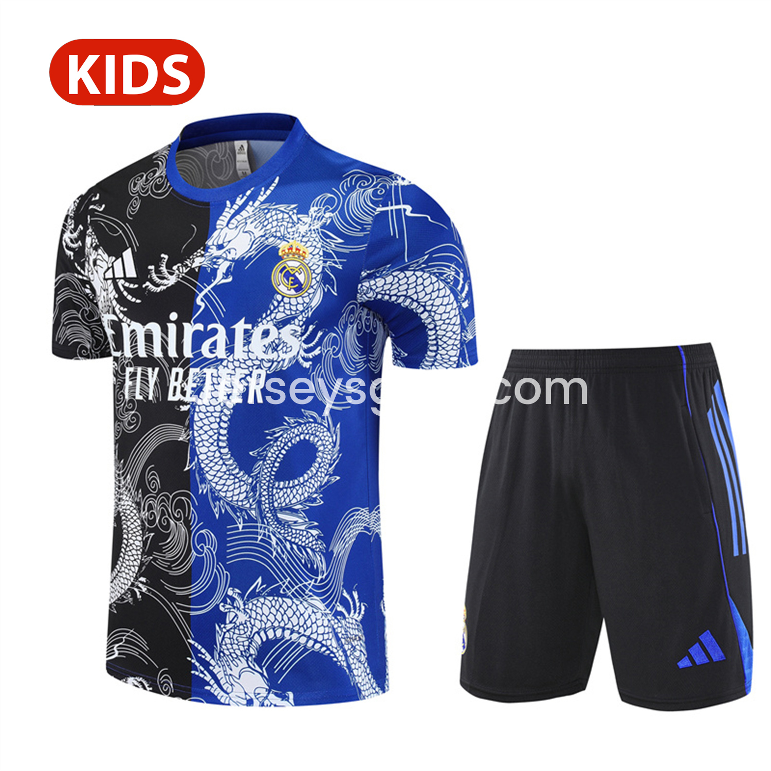 JerseysGala.com | Real Madrid 25-26 Kid Short-Sleeve Training Set - Blue Black Dragon Top & Black Shorts -Customize Name, Number and Patch | Worldwide Shipping
