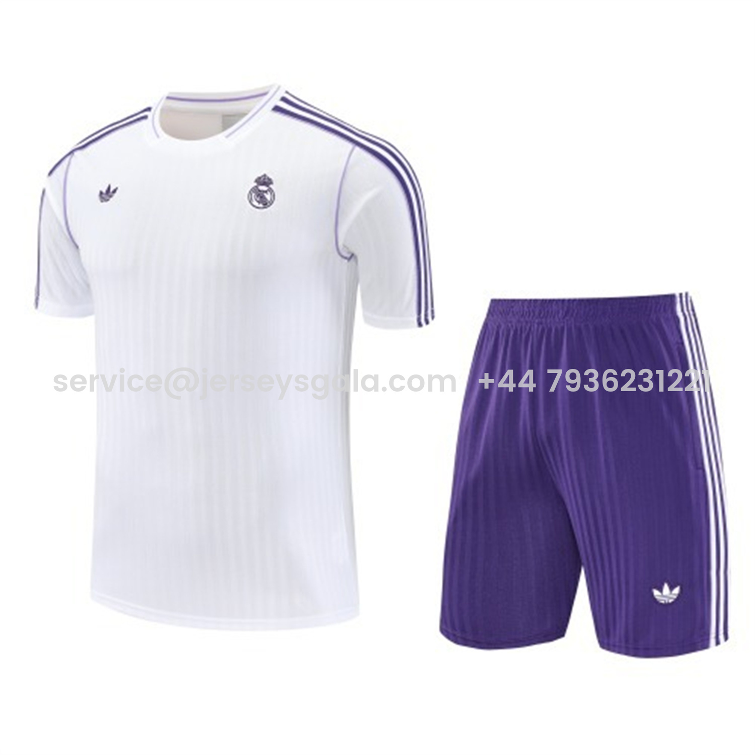 JerseysGala.com | Real Madrid 25-26 Short-Sleeve Training Set - Purple And White Top & Purple Shorts -Customize Name, Number and Patch | Worldwide Shipping