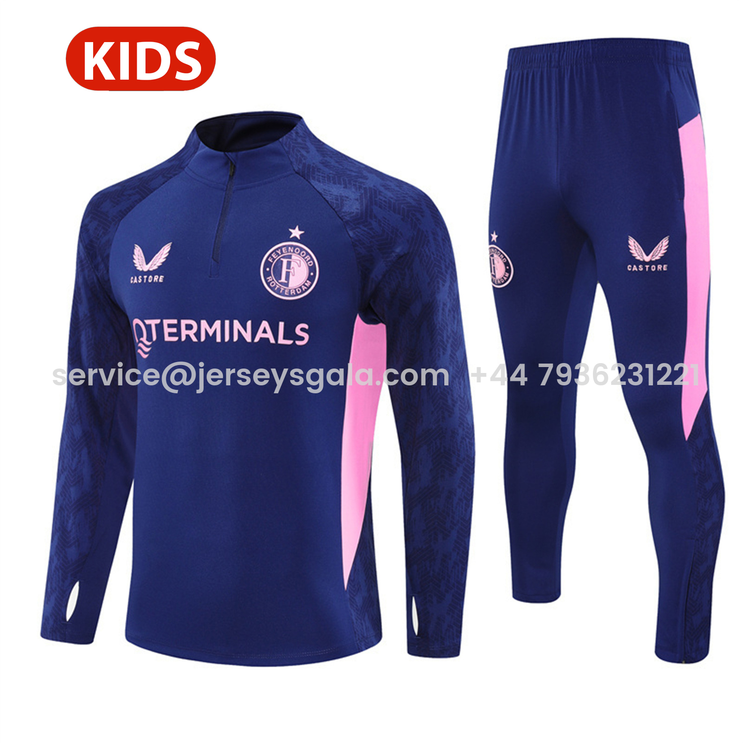 JerseysGala.com | Feyenoord 25-26 Kids Long Sleeve Training Set - Royal Blue Top & Royal Blue Pants -Customize Name, Number and Patch | Worldwide Shipping