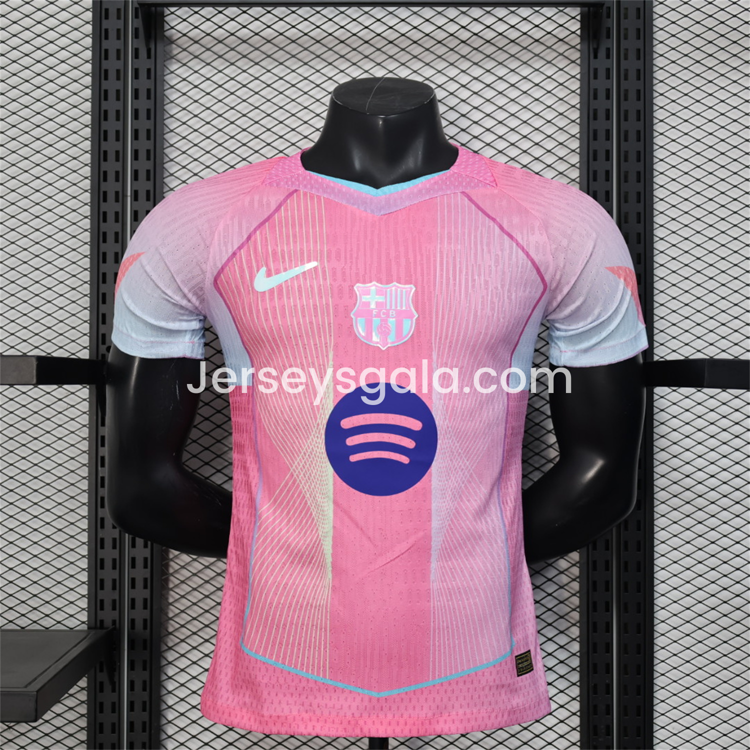 JerseysGala.com | Barcelona 25-26 Pink and Light Blue Stripes Jersey - Player Version -Customize Name, Number and Patch | Worldwide Shipping