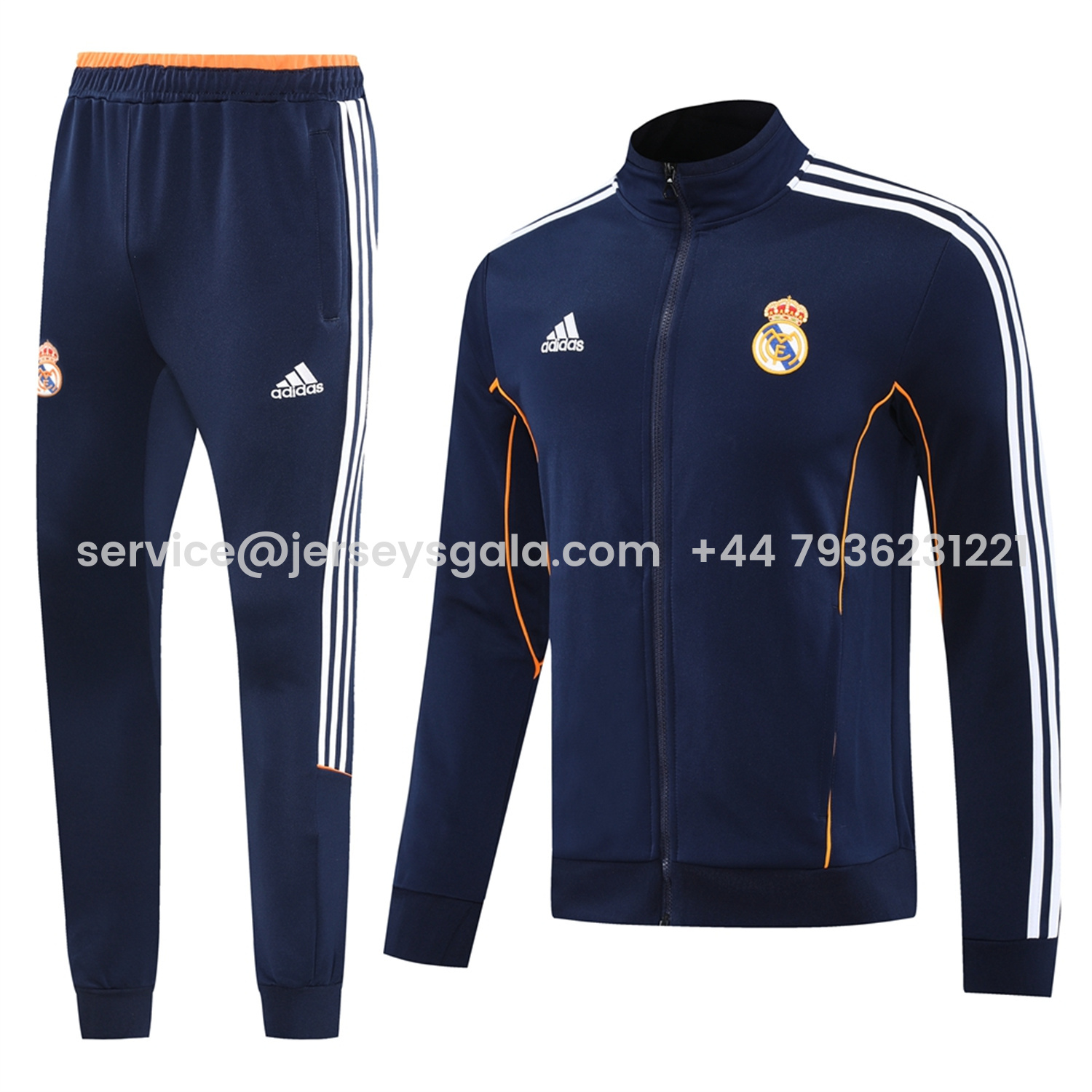 JerseysGala.com | Real Madrid 25-26 Jacket Training Tracksuit - Royal Blue Jackets & Pants with Orange Lines -Customize Name, Number and Patch | Worldwide Shipping