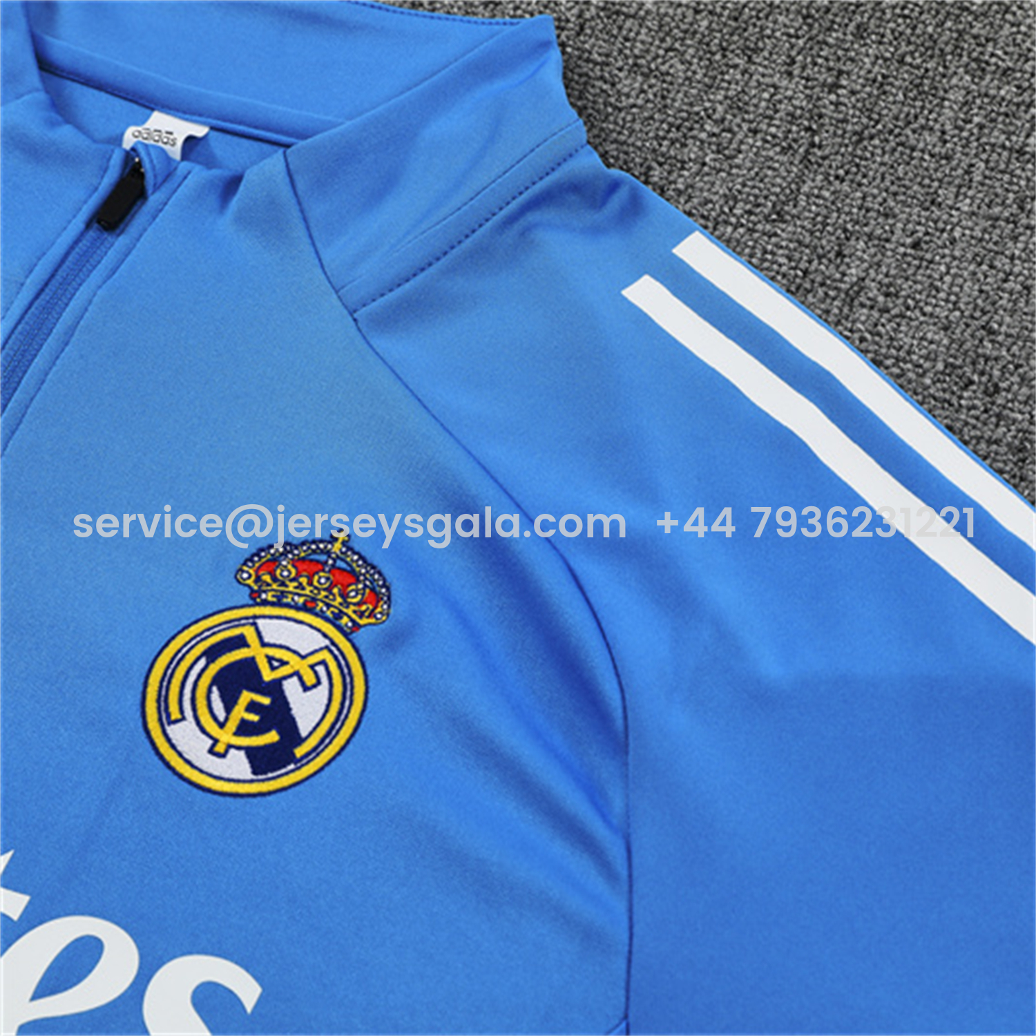 JerseysGala.com | Real Madrid 25-26 Kids Long Sleeve Training Set - Bright Blue Top & Pants -Customize Name, Number and Patch | Worldwide Shipping