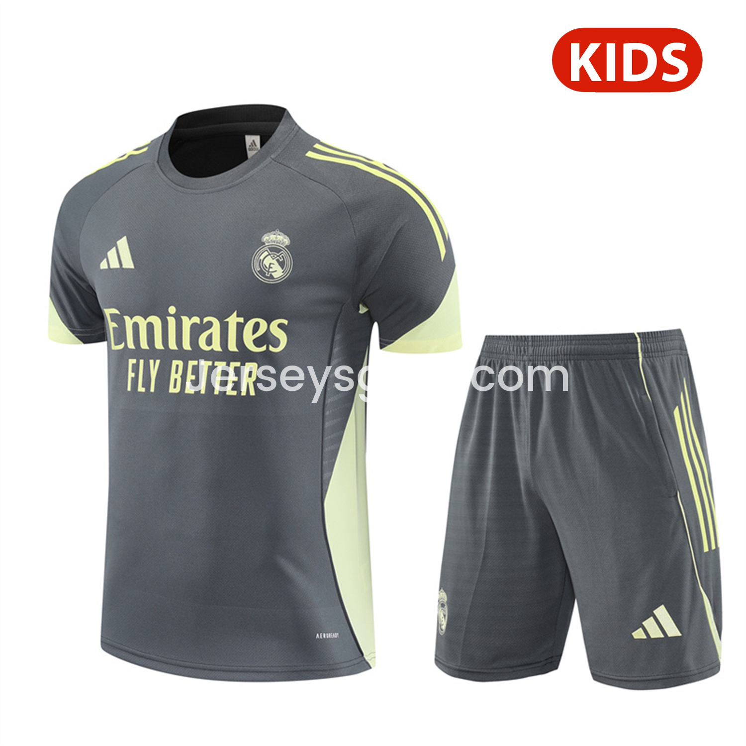 JerseysGala.com | Real Madrid 25-26 Kids Short-Sleeve Training Set - Deep Grey Top and Shorts -Customize Name, Number and Patch | Worldwide Shipping