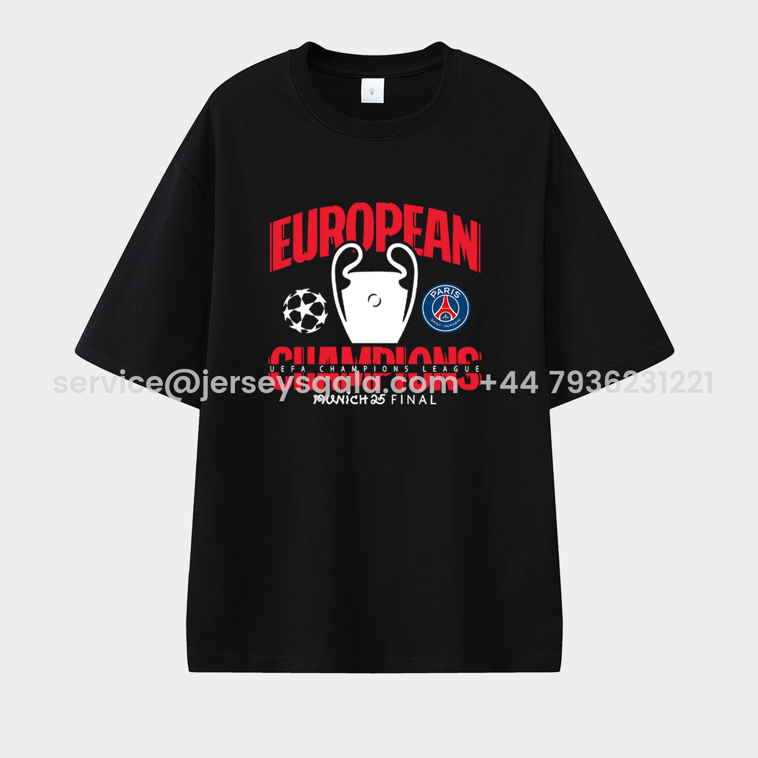 JerseysGala.com | Paris Saint-Germain PSG 2025 European Champions Winner Unisex Pure Cotton T-shirt -Customize Name, Number and Patch | Worldwide Shipping