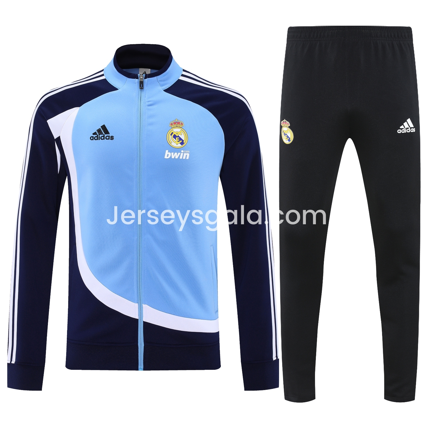 JerseysGala.com | Real Madrid 25-26 Throwback Jacket Training Tracksuit - Blue Jackets & Black Pants -Customize Name, Number and Patch | Worldwide Shipping