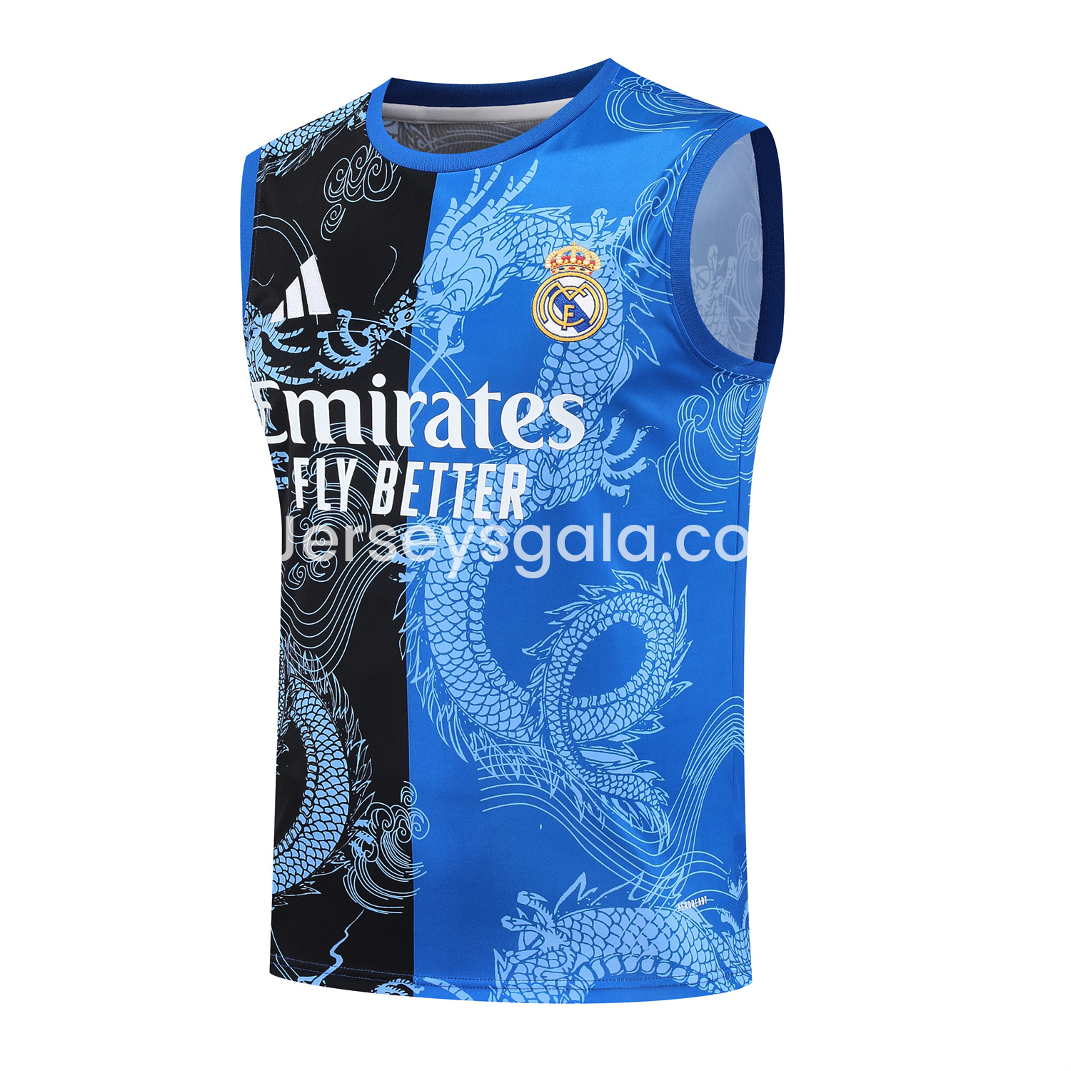 JerseysGala.com | Real Madrid 25-26 Vest Training Set - Blue Black Dragon Vest & Black-White Shorts -Customize Name, Number and Patch | Worldwide Shipping