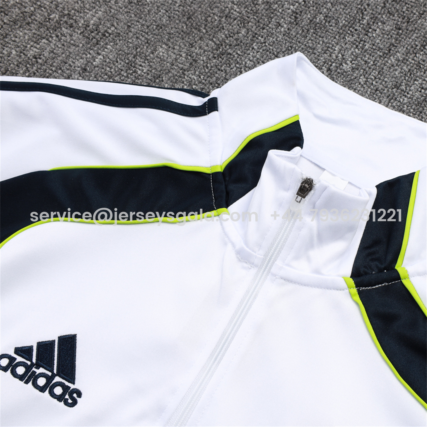JerseysGala.com | Real Madrid 25-26 Long Sleeve Training Set - White Urban Purist Style and Deep Blue Pants -Customize Name, Number and Patch | Worldwide Shipping