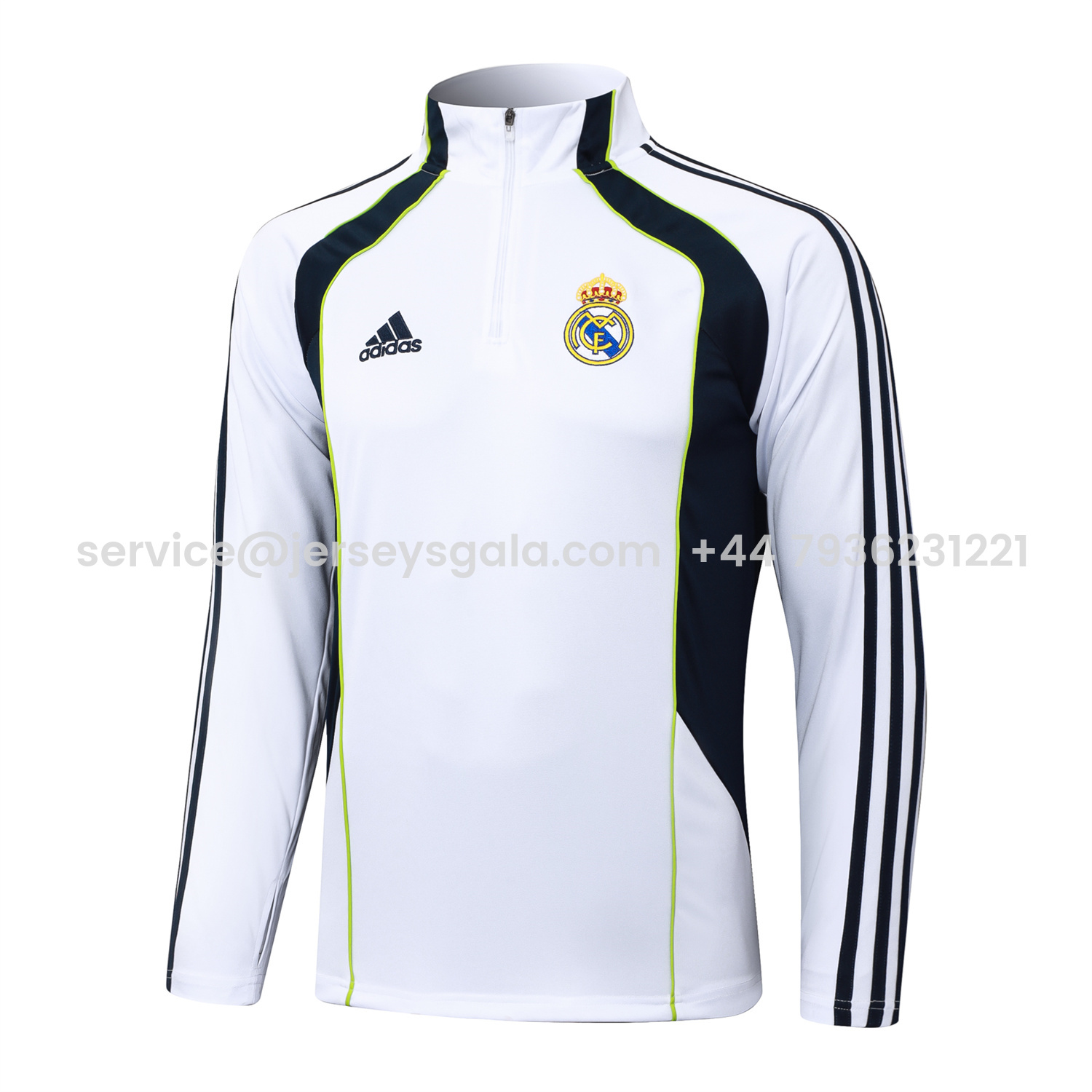 JerseysGala.com | Real Madrid 25-26 Long Sleeve Training Set - White Urban Purist Style and Deep Blue Pants -Customize Name, Number and Patch | Worldwide Shipping