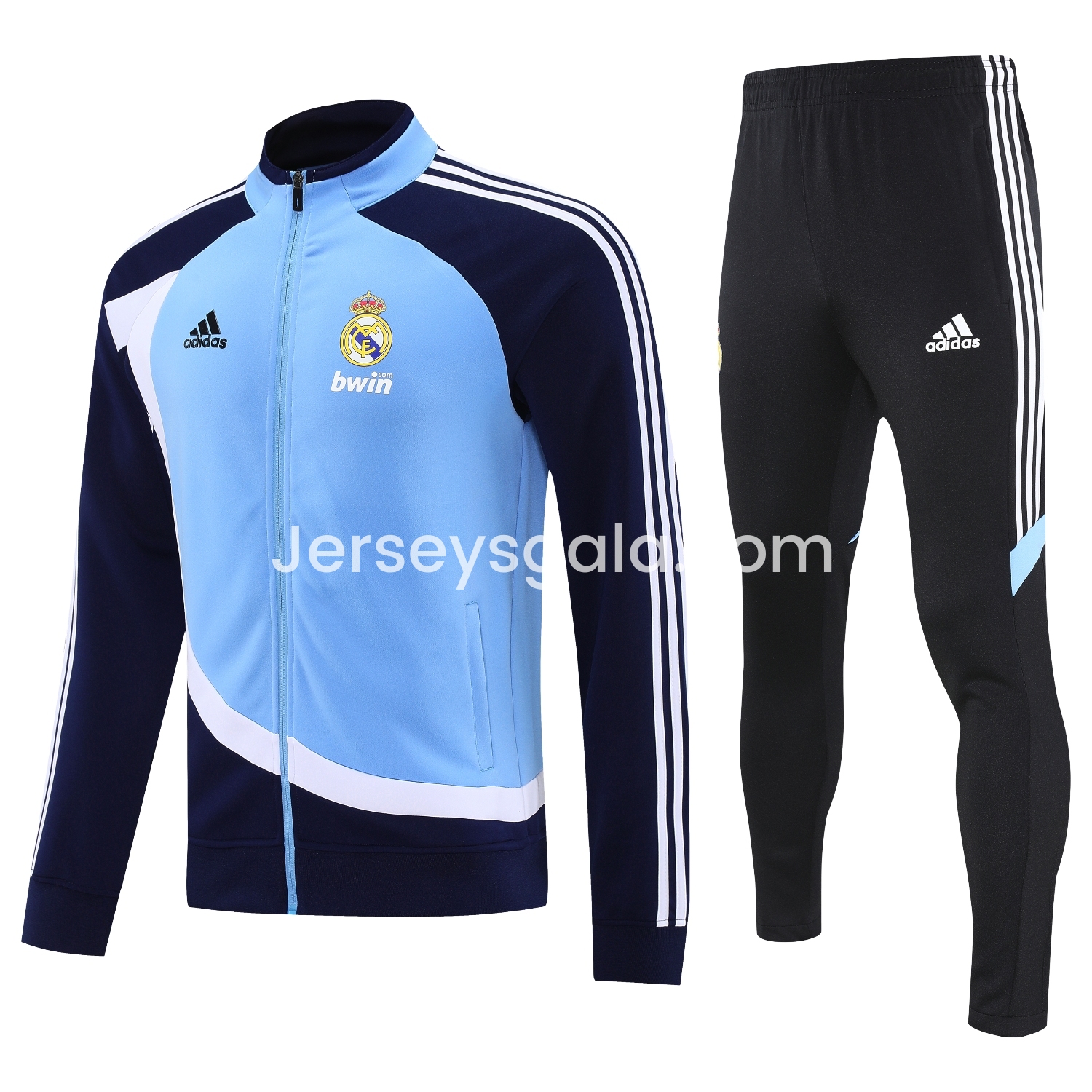 JerseysGala.com | Real Madrid 25-26 Throwback Jacket Training Tracksuit - Blue Jackets & Black Pants -Customize Name, Number and Patch | Worldwide Shipping