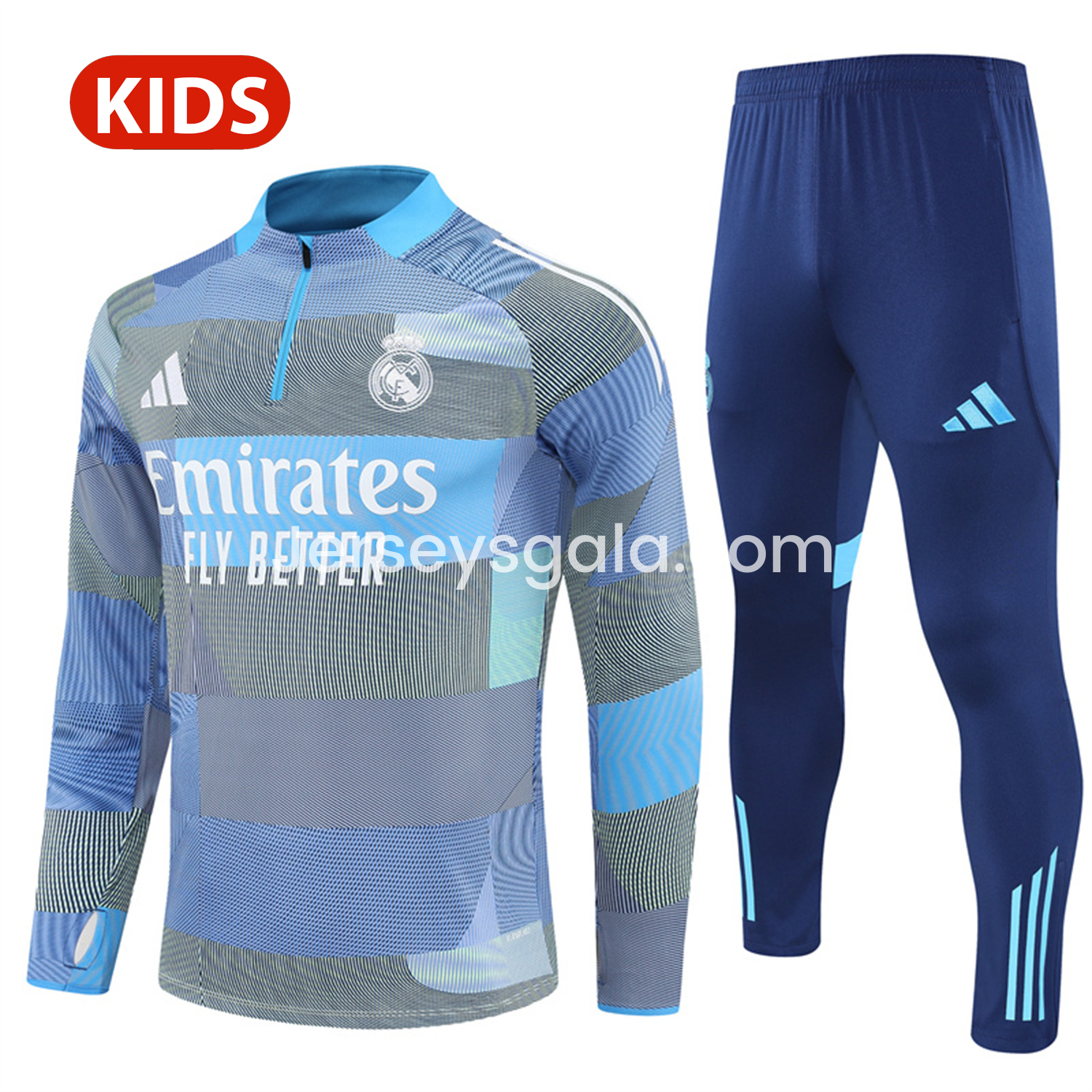 JerseysGala.com | Real Madrid 25-26 Kids Long Sleeves Training Set - Blue-Gray Camouflage Top & Blue Pants -Customize Name, Number and Patch | Worldwide Shipping
