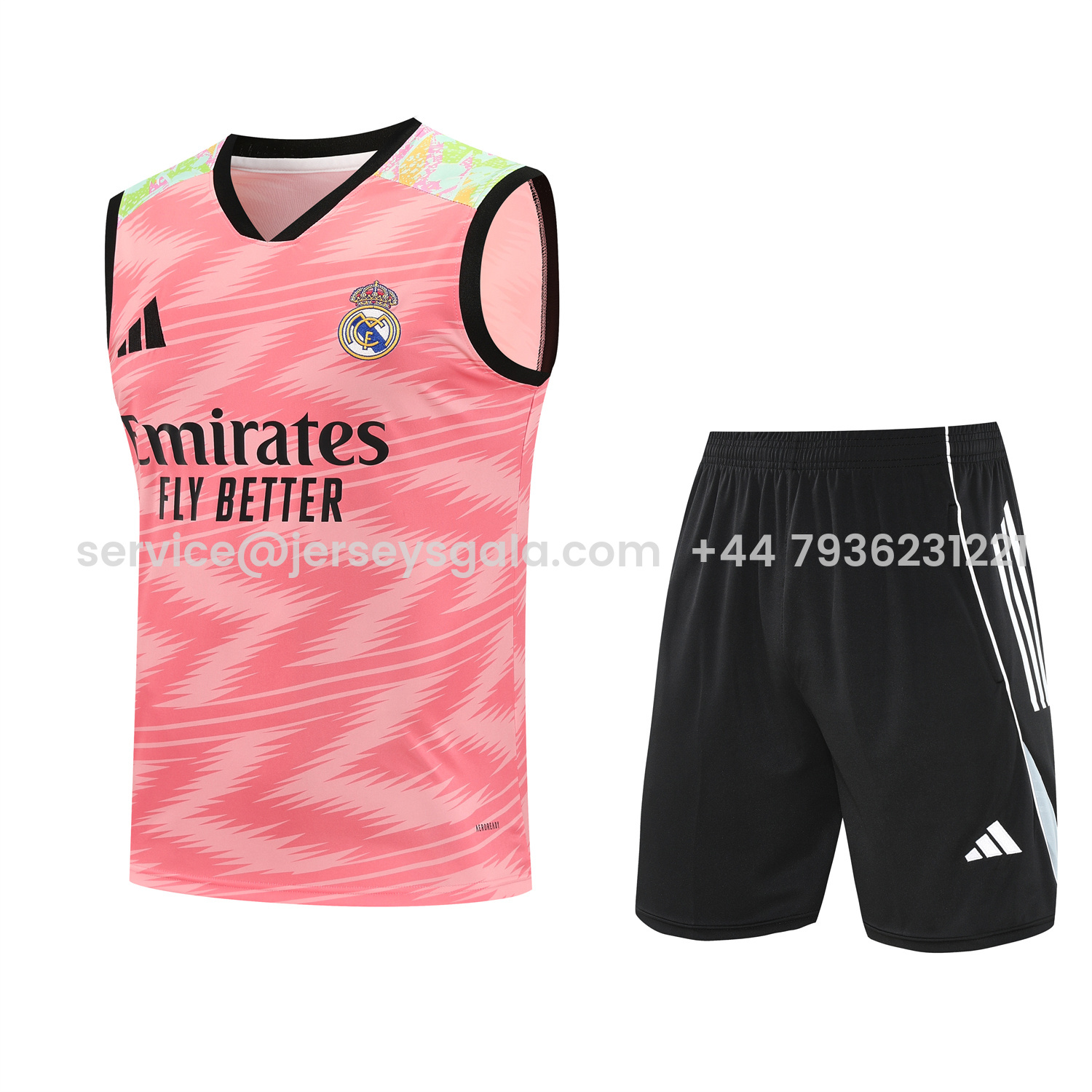 JerseysGala.com | Real Madrid 25-26 Vest Training Set - Pink Arrow Pattern Vest & Black Shorts -Customize Name, Number and Patch | Worldwide Shipping