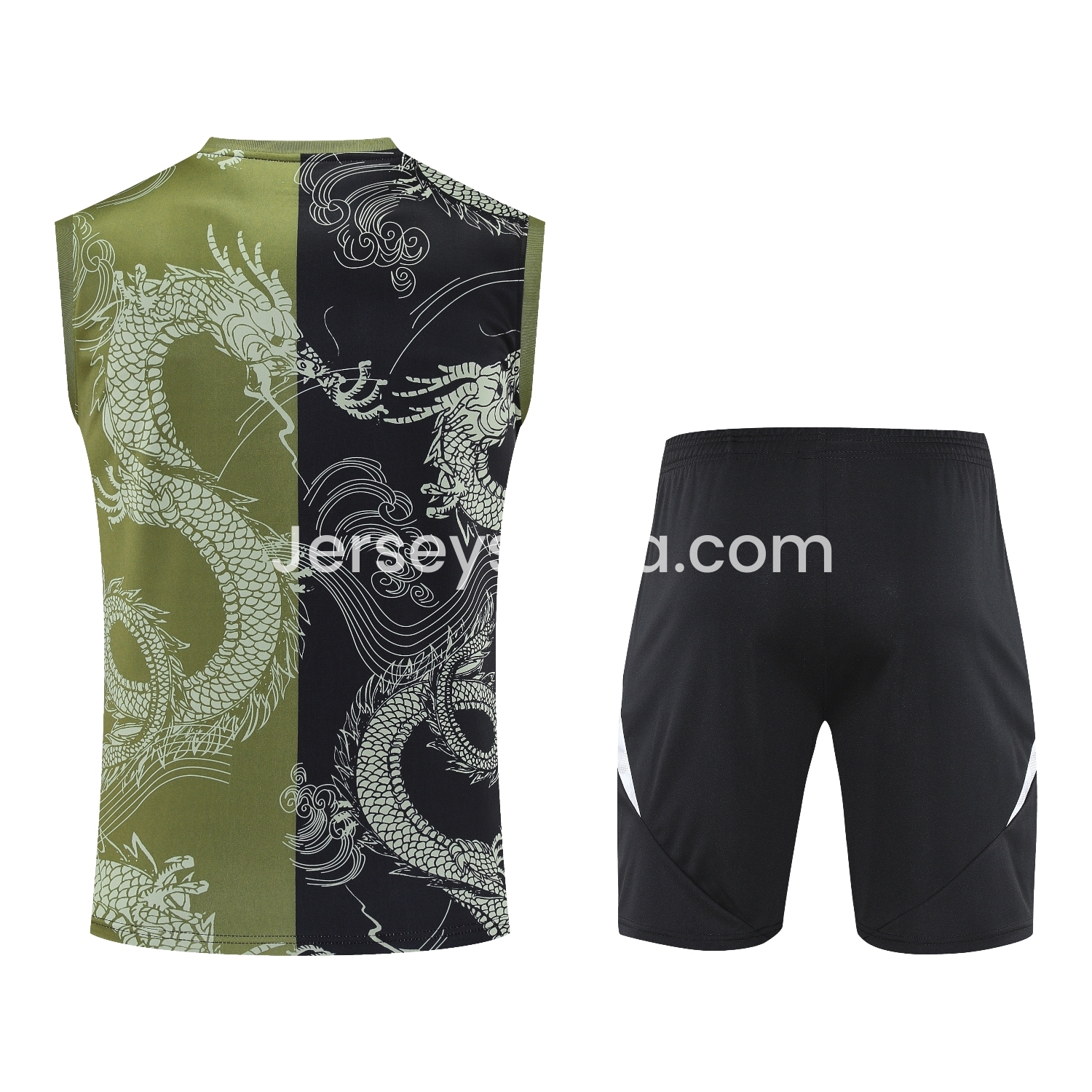JerseysGala.com | Real Madrid 25-26 Vest Training Set - Green-Black Dragon Vest & Black-White Shorts -Customize Name, Number and Patch | Worldwide Shipping