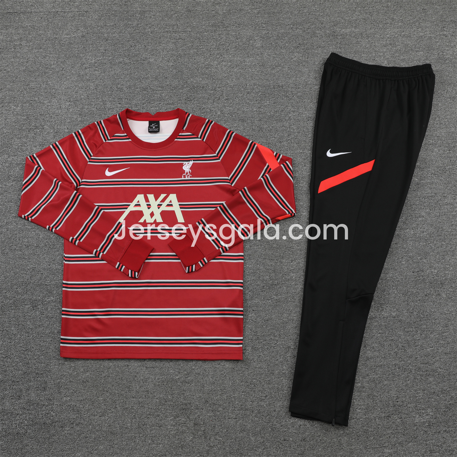 JerseysGala.com | Liver.pool 24-25 Long Sleeve Training Set - Red Stripe Top and Black Pants -Customize Name, Number and Patch | Worldwide Shipping