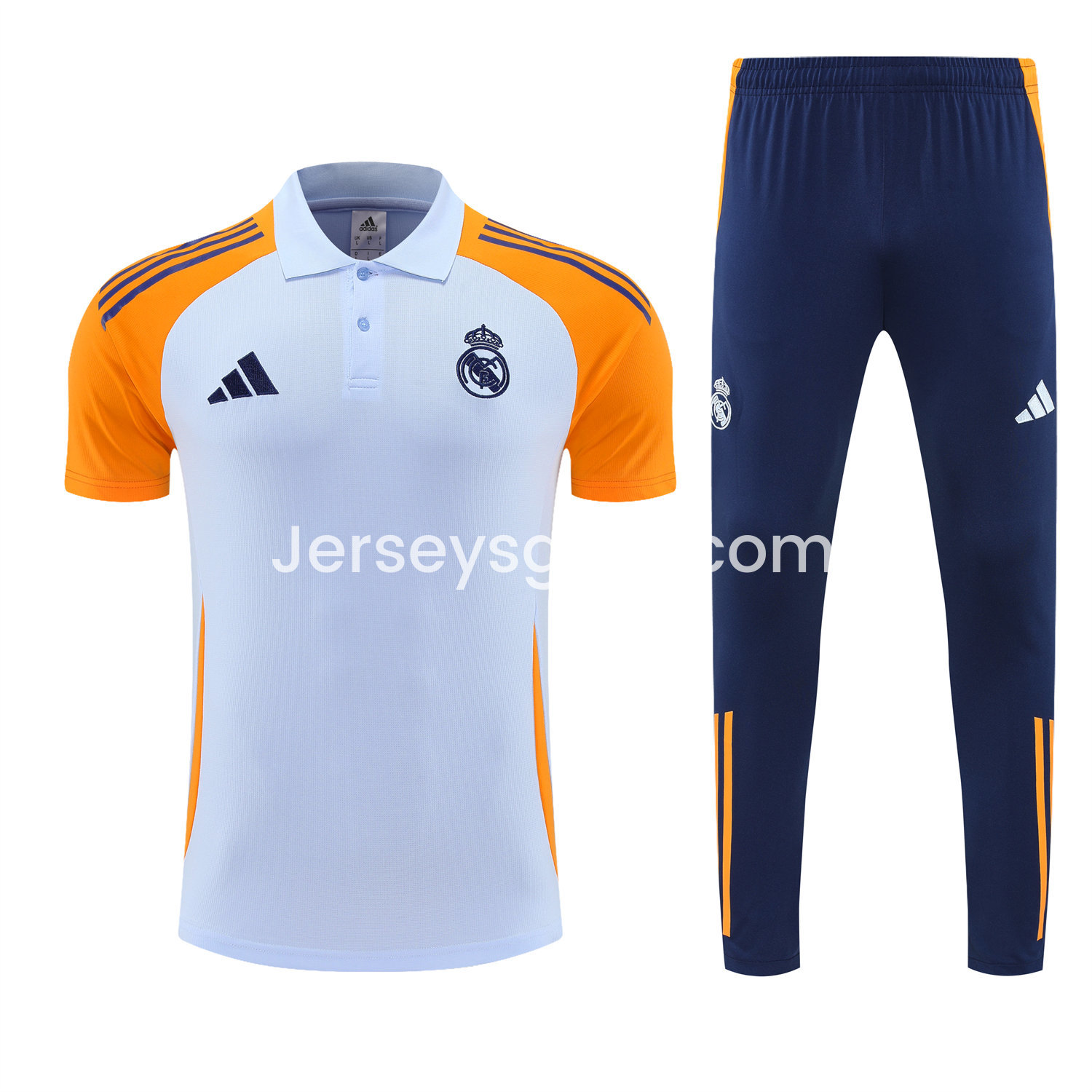 JerseysGala.com | Real Madrid 25-26 POLO Short-Sleeve Training Set - Light Blue Top and Deep Blue Pants -Customize Name, Number and Patch | Worldwide Shipping