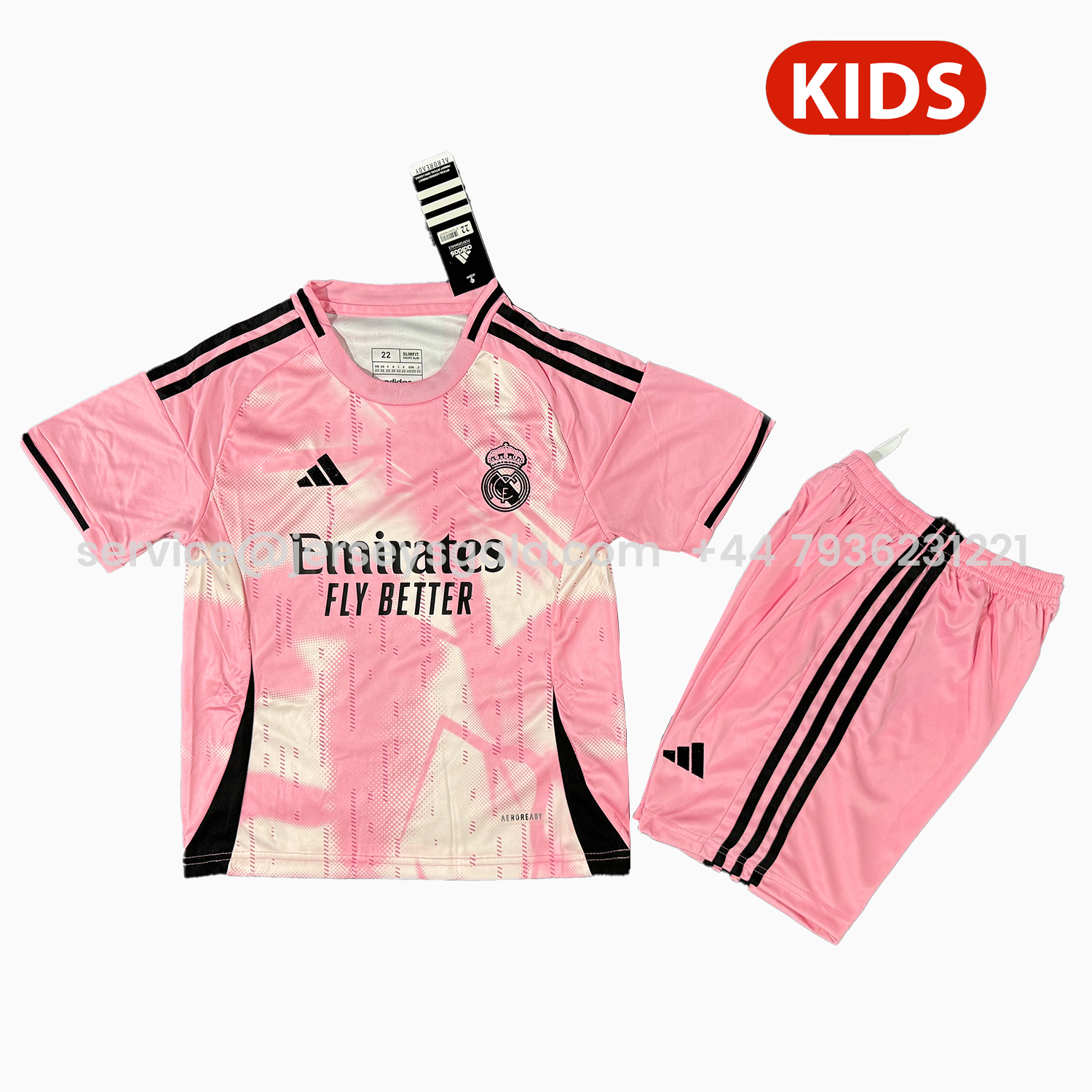 JerseysGala.com | Real Madrid 25-26 Pink And White Special Kids Kit -Customize Name, Number and Patch | Worldwide Shipping