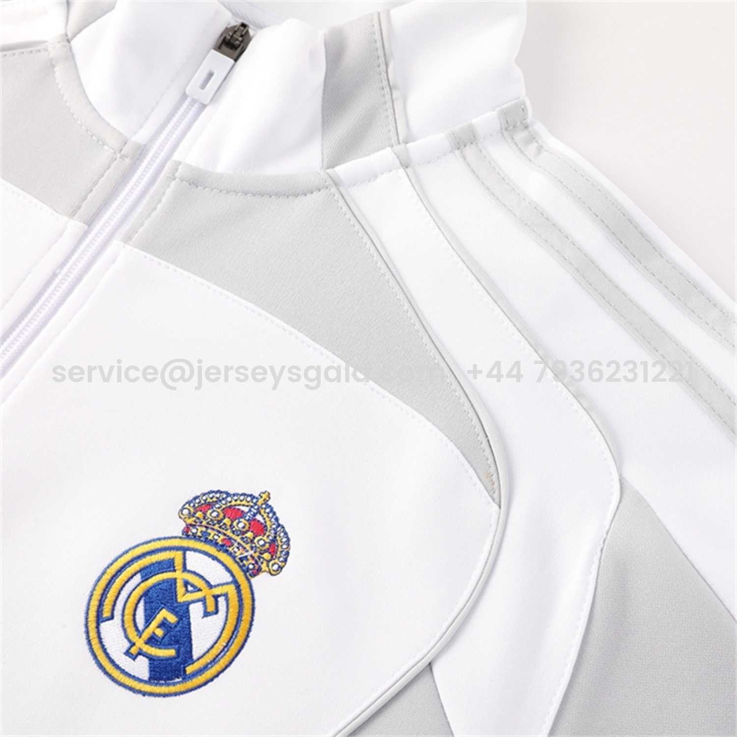 JerseysGala.com | Real Madrid 25-26 Jacket Training Tracksuit - White Jackets & Light Grey Pants -Customize Name, Number and Patch | Worldwide Shipping