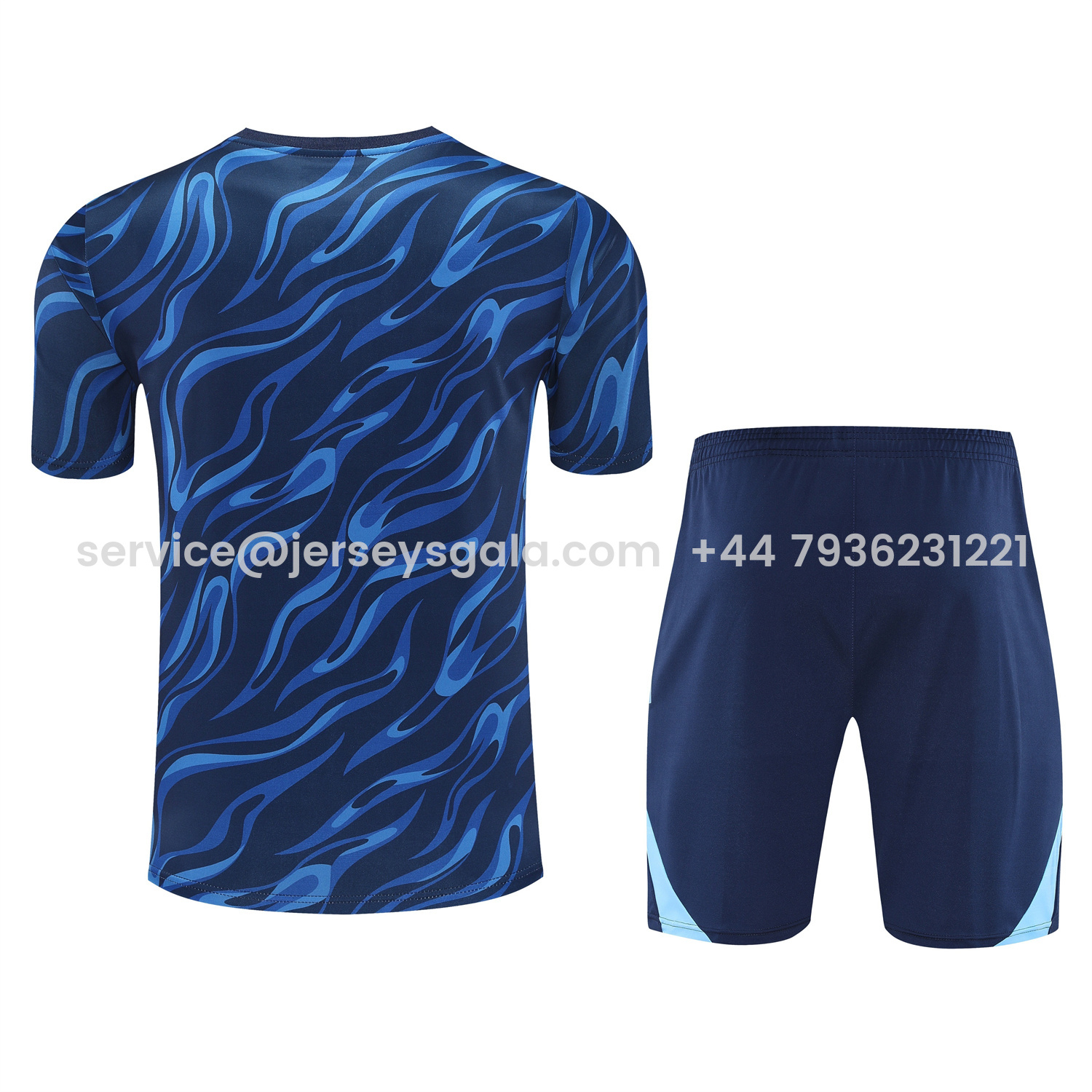JerseysGala.com | Real Madrid 25-26 Short-Sleeve Training Set - Blue Water Pattern Top & Deep Blue Shorts -Customize Name, Number and Patch | Worldwide Shipping